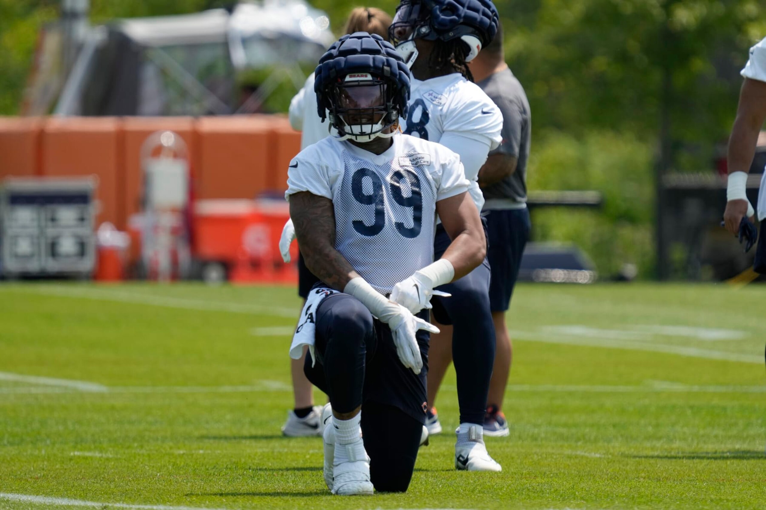 Chicago Bears defensive lineman Trevis Gipson works on the field during NFL football OTA practice in Lake Forest, Ill., Tuesday, May 23, 2023. (AP Photo/Nam Y. Huh)