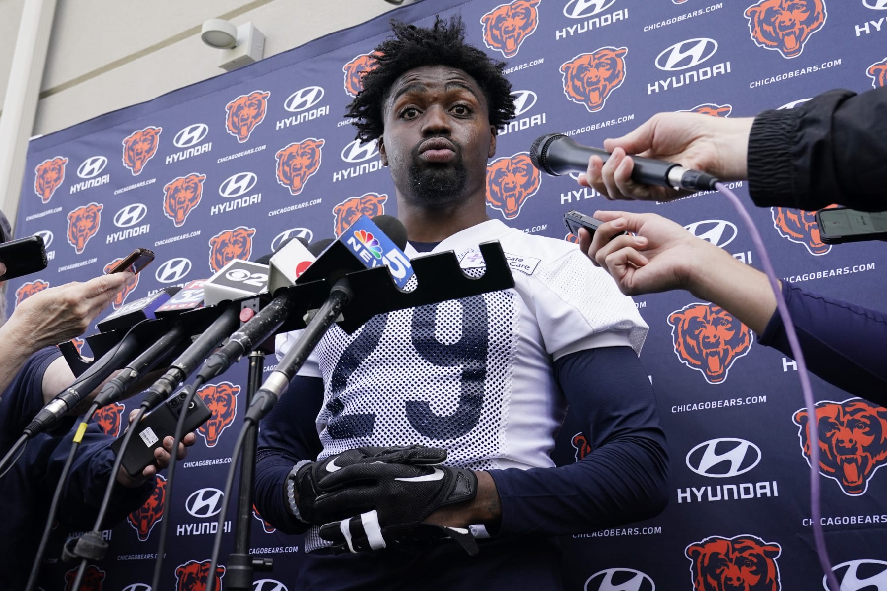 Chicago Bears defensive back Tyrique Stevenson listens to a question from the media at a news conference after the NFL football team's rookie minicamp at Halas Hall in Lake Forest, Ill., Friday, May 5, 2023. (AP Photo/Nam Y. Huh)