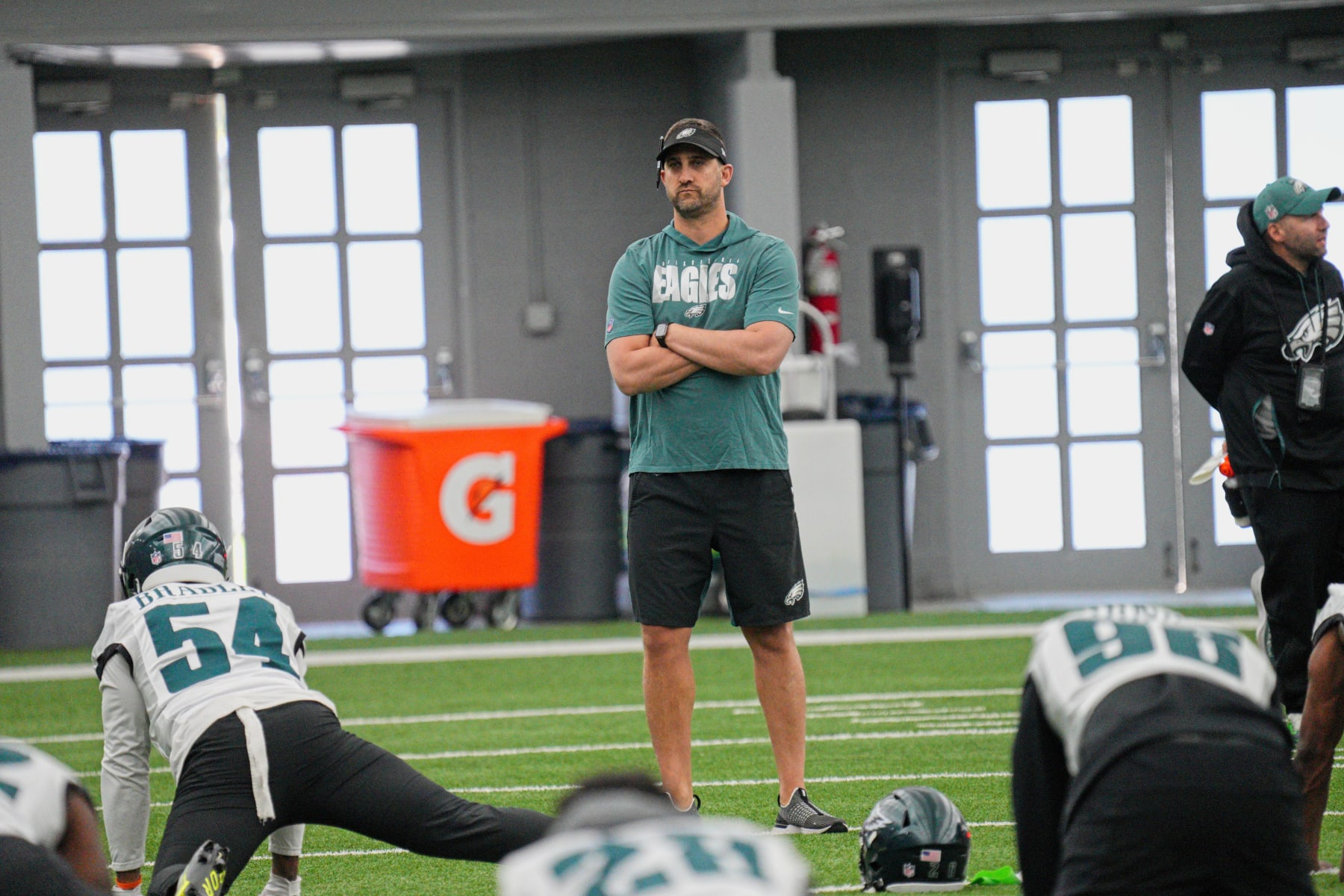 PHILADELPHIA, PA - JUNE 08: Philadelphia Eagles head coach Nick Sirianni participates in the Philadelphia Eagles OTA on June 8, 2023 at the NovaCare Complex in Philadelphia, PA. (Photo by Andy Lewis/Icon Sportswire via Getty Images)