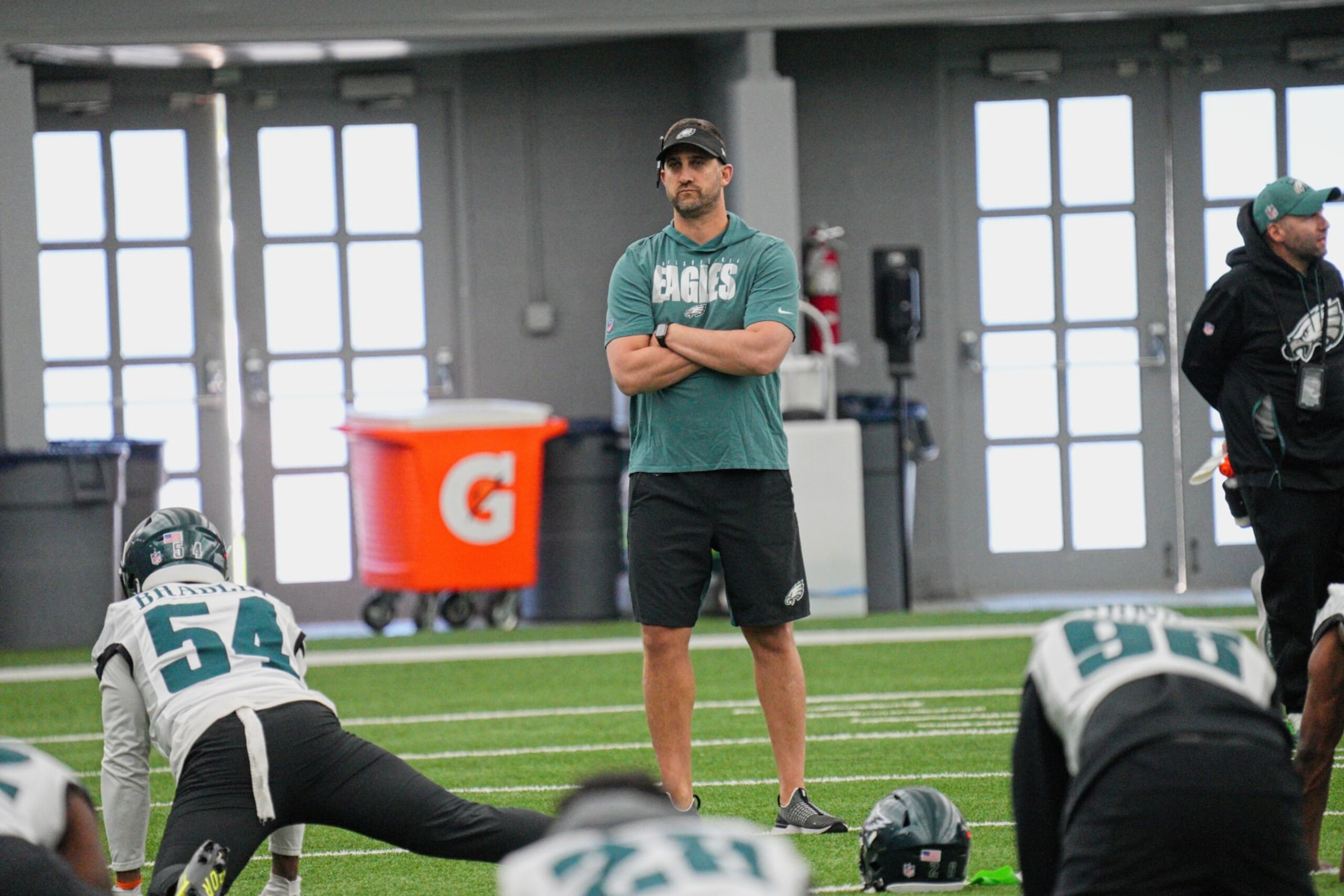 PHILADELPHIA, PA - JUNE 08: Philadelphia Eagles head coach Nick Sirianni participates in the Philadelphia Eagles OTA on June 8, 2023 at the NovaCare Complex in Philadelphia, PA. (Photo by Andy Lewis/Icon Sportswire via Getty Images)