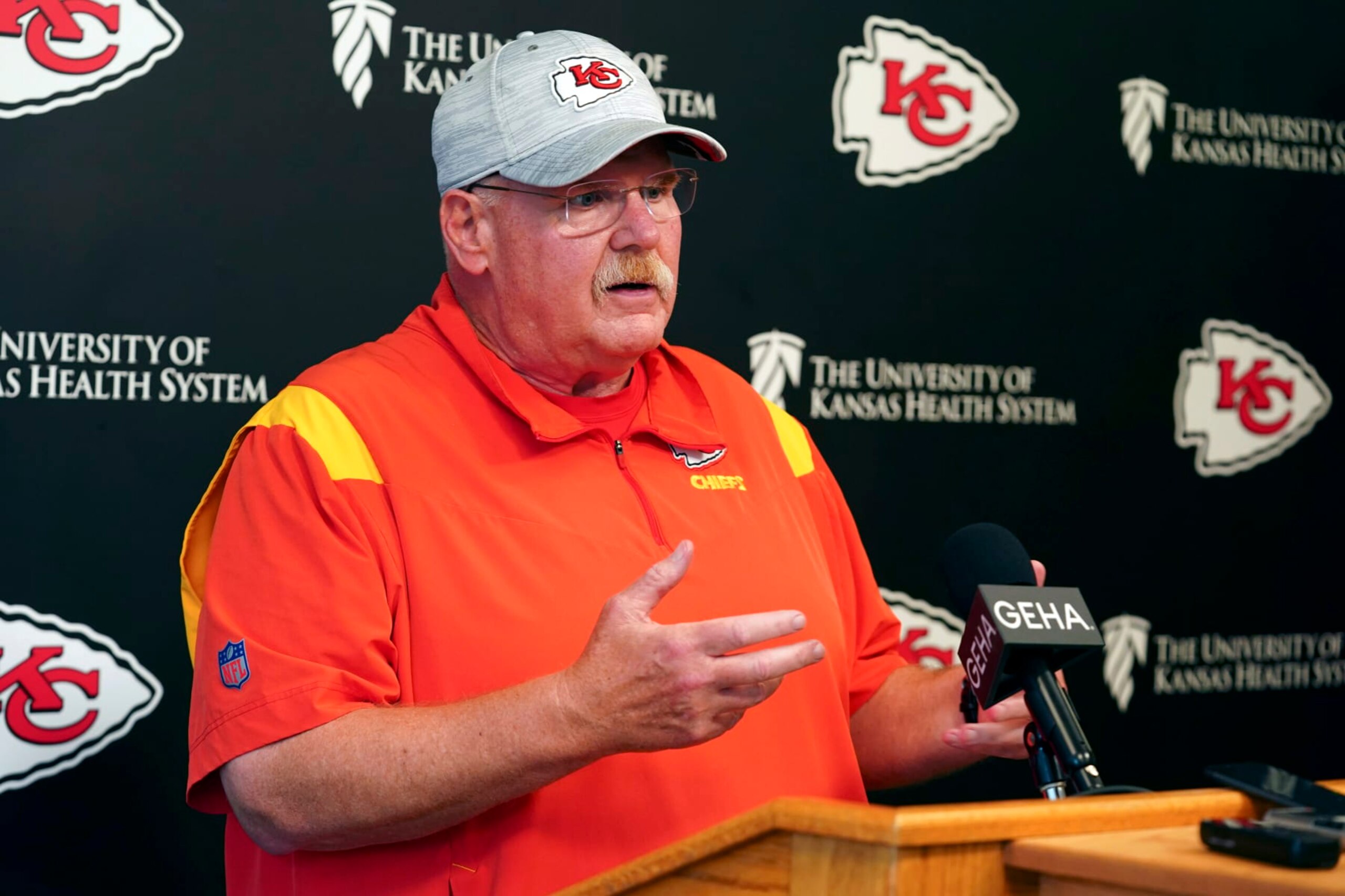 KANSAS CITY, MISSOURI - JUNE 15: Head coach Andy Reid of the Kansas City Chiefs speaks to the press during Chiefs Mini Camp on June 15, 2023 at Arrowhead Stadium in Kansas City, Missouri. (Photo by Kyle Rivas/Getty Images) KANSAS CITY, MISSOURI - JUNE 15: Head coach Andy Reid of the Kansas City Chiefs speaks to the press during Chiefs Mini Camp on June 15, 2023 at Arrowhead Stadium in Kansas City, Missouri. (Photo by Kyle Rivas/Getty Images)