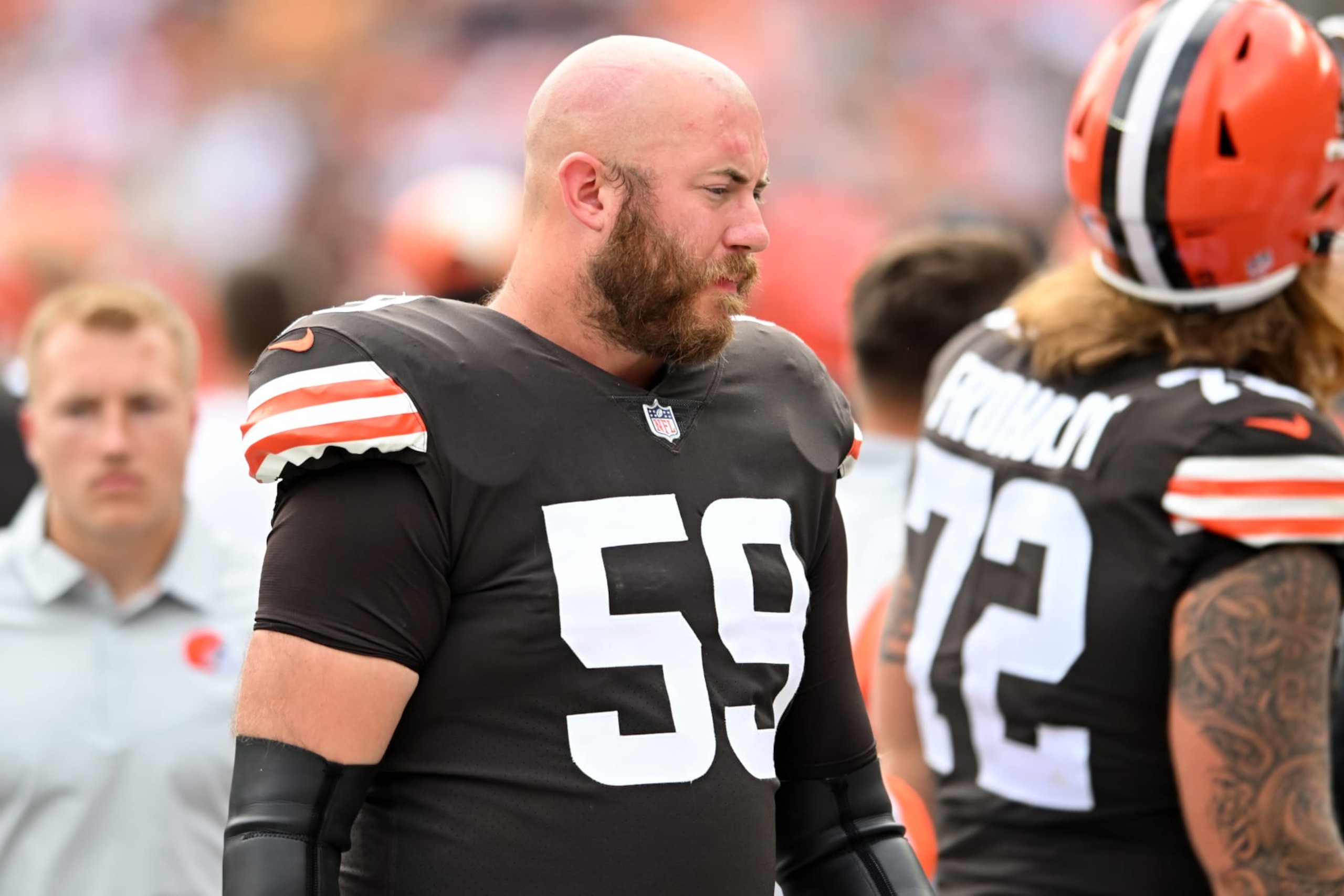 CLEVELAND, OH - SEPTEMBER 18: Joe Haeg #59 of the Cleveland Browns looks on during the second half against the New York Jets at FirstEnergy Stadium on September 18, 2022 in Cleveland, Ohio. (Photo by Nick Cammett/Diamond Images via Getty Images) CLEVELAND, OH - SEPTEMBER 18: Joe Haeg #59 of the Cleveland Browns looks on during the second half against the New York Jets at FirstEnergy Stadium on September 18, 2022 in Cleveland, Ohio. (Photo by Nick Cammett/Diamond Images via Getty Images)