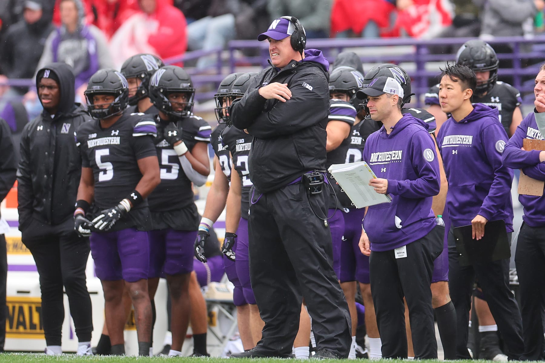 EVANSTON, ILLINOIS - NOVEMBER 05: Head coach Pat Fitzgerald of the Northwestern Wildcats reacts against the Ohio State Buckeyes during the first half at Ryan Field on November 05, 2022 in Evanston, Illinois. (Photo by Michael Reaves/Getty Images)