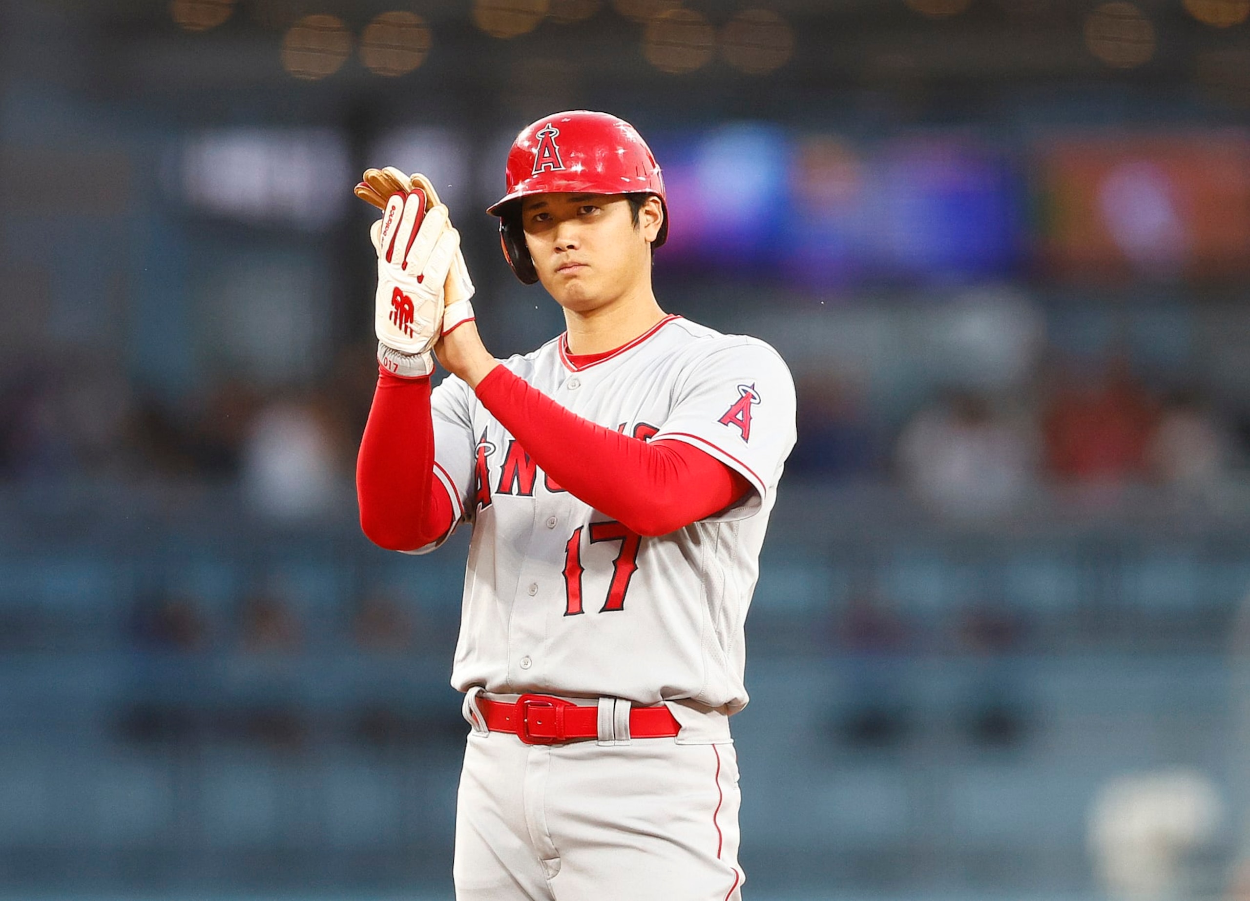 LOS ANGELES, CALIFORNIA - JULY 07:  Shohei Ohtani #17 of the Los Angeles Angels after advancing to second base against the Los Angeles Dodgersin the fourth inning at Dodger Stadium on July 07, 2023 in Los Angeles, California. (Photo by Ronald Martinez/Getty Images)