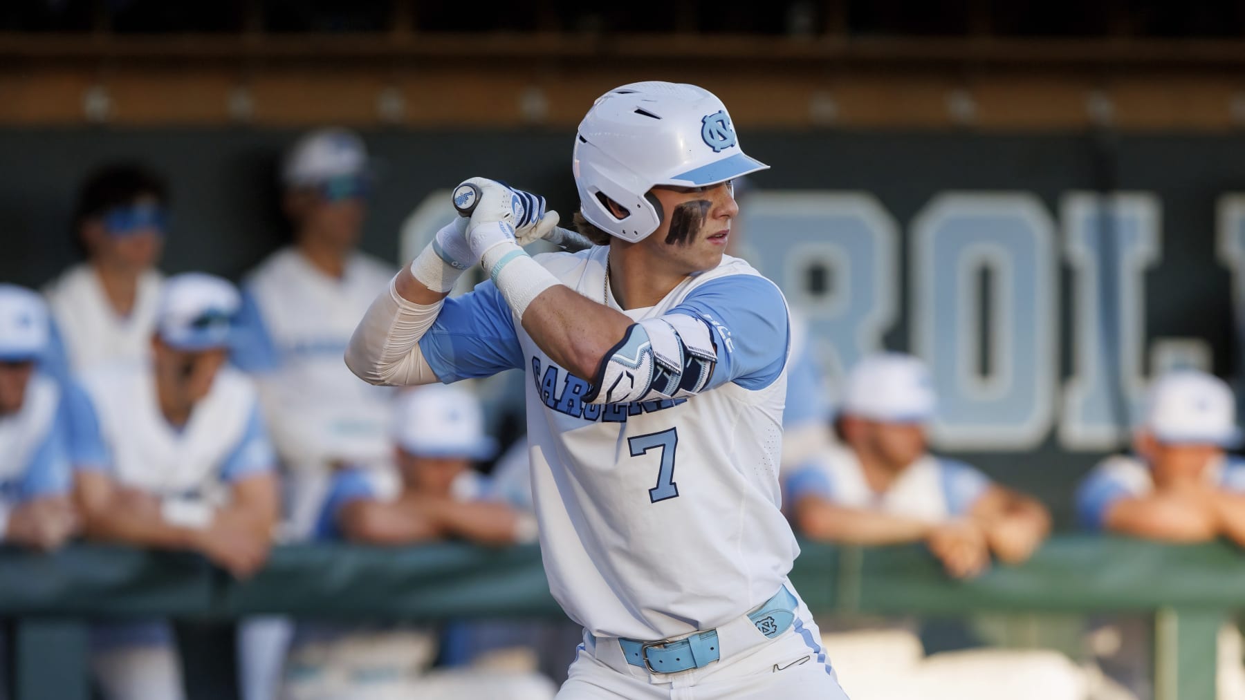 North Carolina's Vance Honeycutt (7) bats during an NCAA baseball game on Tuesday, March 7, 2023, in Chapel Hill, N.C. (AP Photo/Ben McKeown)