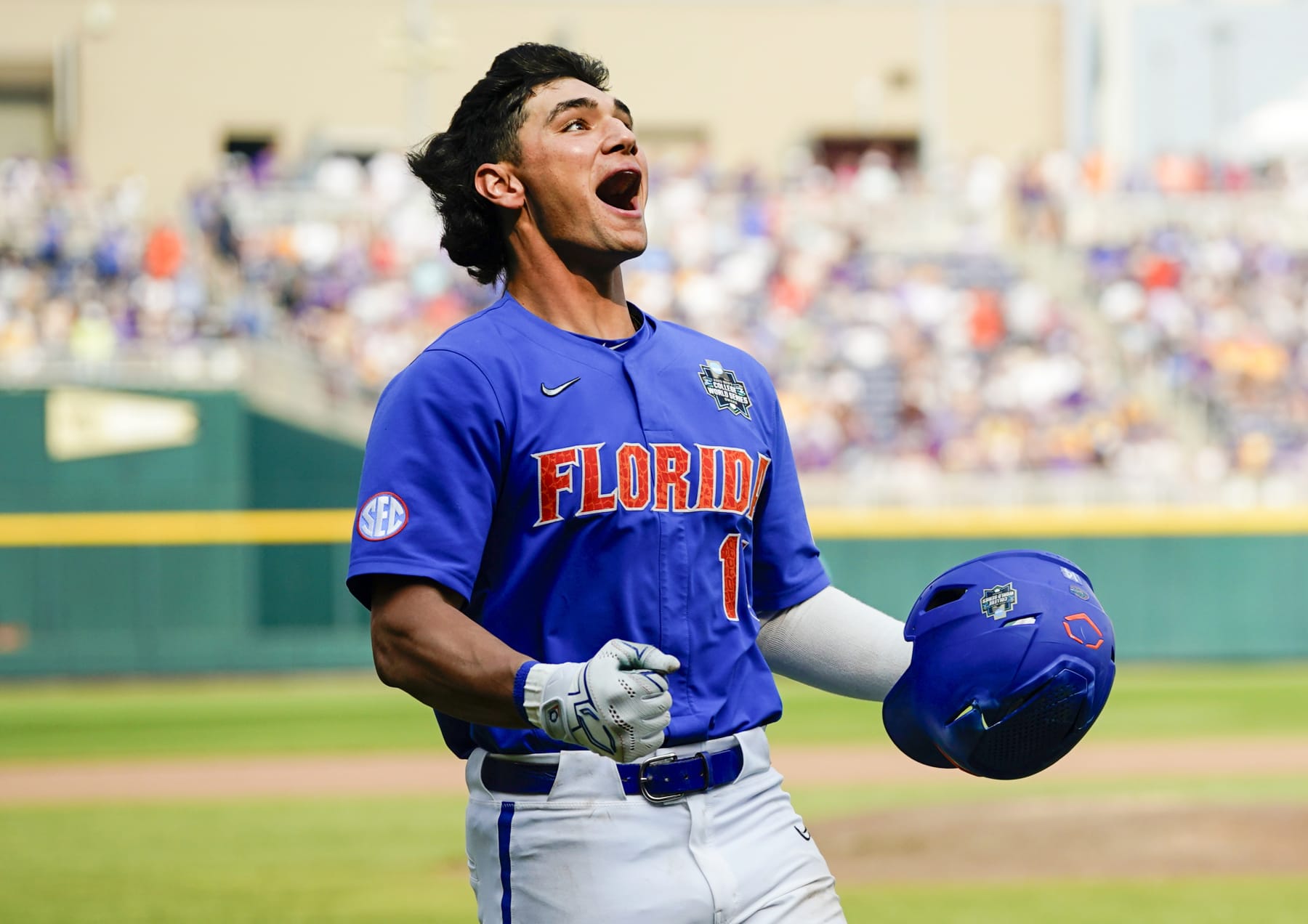 OMAHA, NEBRASKA - JUNE 25: Jac Caglianone #14 of the Florida Gators celebrates after hitting a home run during the seventh inning of Game 2 of the NCAA College World Series baseball finals against the LSU Tigers at Charles Schwab Field on June 25, 2023 in Omaha, Nebraska. Florida defeated LSU 24-4. (Photo by Jay Biggerstaff/Getty Images)