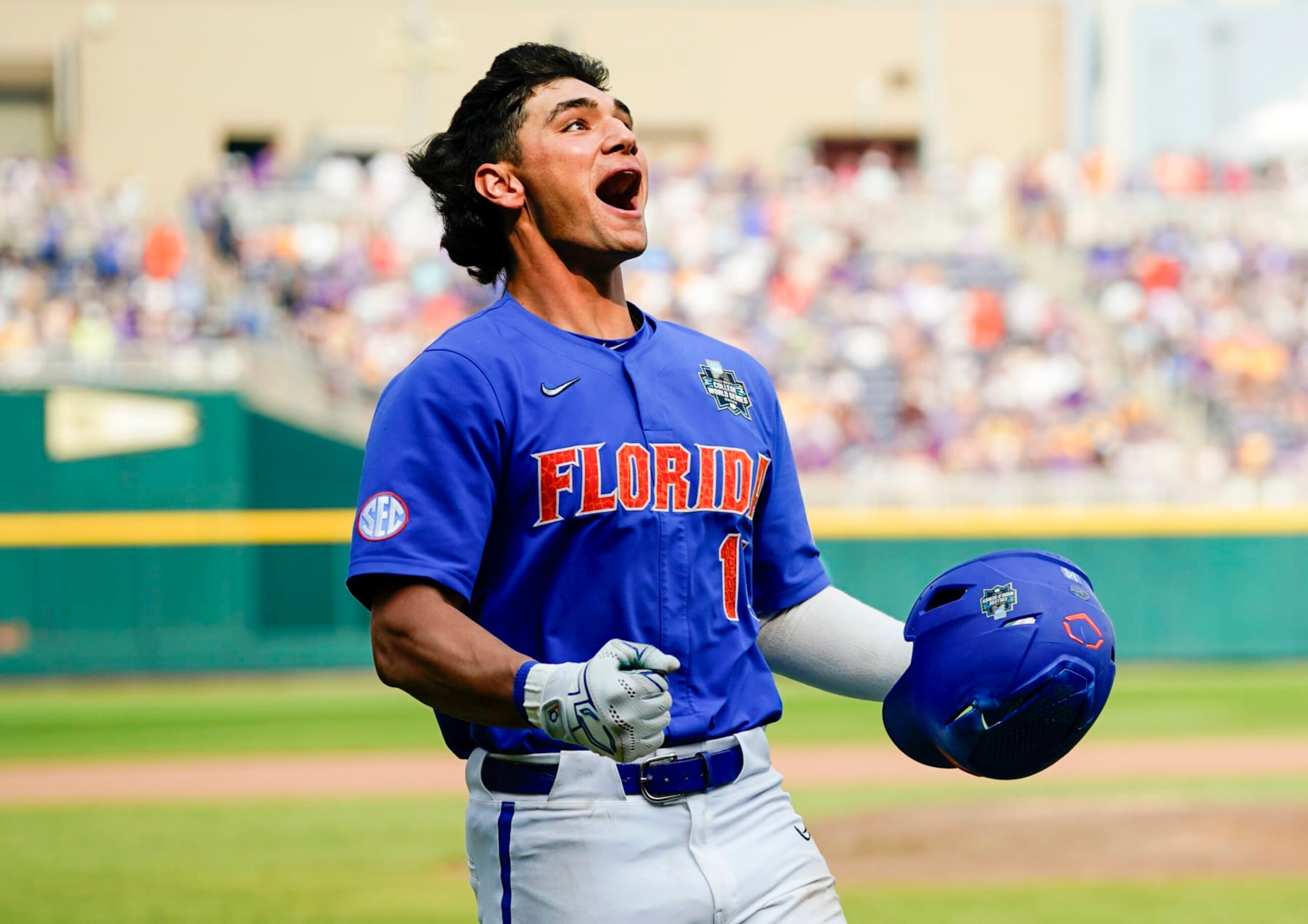 OMAHA, NEBRASKA - JUNE 25: Jac Caglianone #14 of the Florida Gators celebrates after hitting a home run during the seventh inning of Game 2 of the NCAA College World Series baseball finals against the LSU Tigers at Charles Schwab Field on June 25, 2023 in Omaha, Nebraska. Florida defeated LSU 24-4. (Photo by Jay Biggerstaff/Getty Images)