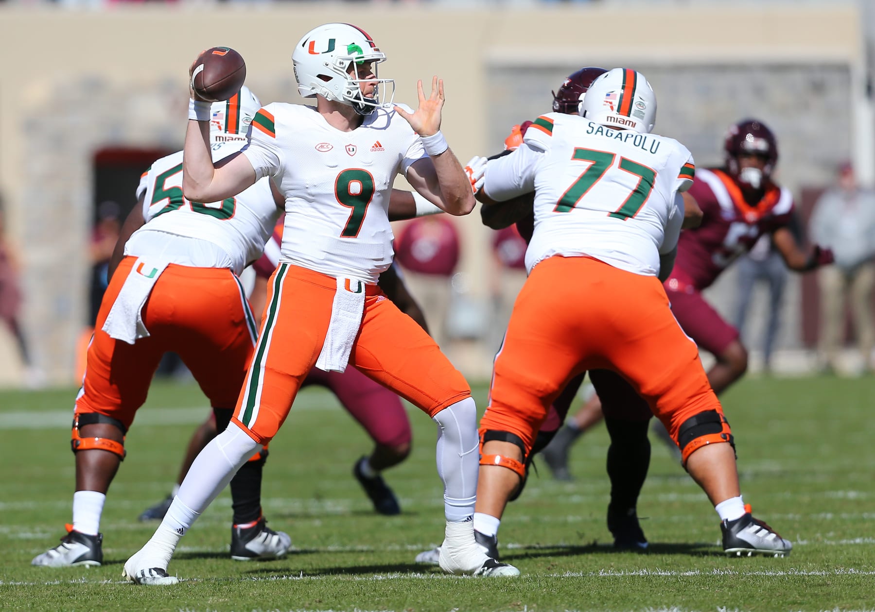 BLACKSBURG, VA - OCTOBER 15: Miami Hurricanes quarterback Tyler Van Dyke (9) throws a pass from the pocket during a college football game between the Miami Hurricanes and the Virginia Tech Hokies on October 15, 2022, at Lane Stadium in Blacksburg, VA. (Photo by Lee Coleman/Icon Sportswire via Getty Images)