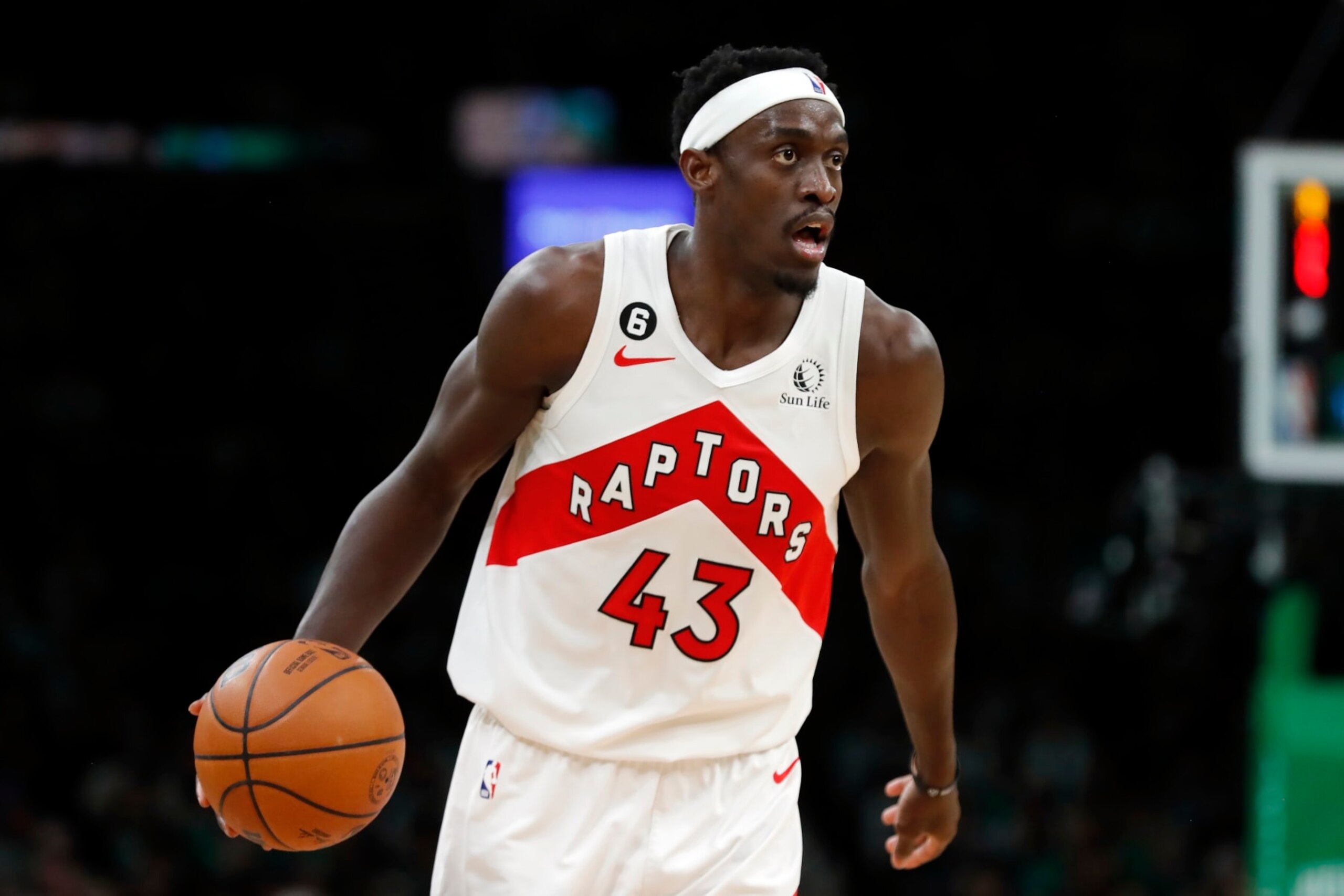 Toronto Raptors' Pascal Siakam plays against the Boston Celtics during the second half of an NBA basketball game, Friday, April 7, 2023, in Boston. (AP Photo/Michael Dwyer)