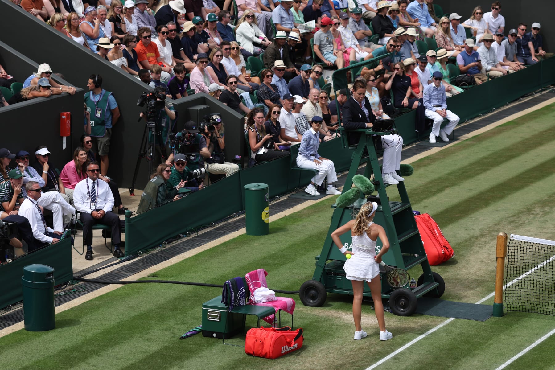 LONDON, ENGLAND - JULY 10: Mirra Andreeva speaks to the umpire after throwing her racket to the ground during her Ladies Singles round of 16 match against Madison Keys (USA) during day eight of The Championships Wimbledon 2023 at All England Lawn Tennis and Croquet Club on July 10, 2023 in London, England. (Photo by Charlotte Wilson/Offside/Offside via Getty Images)