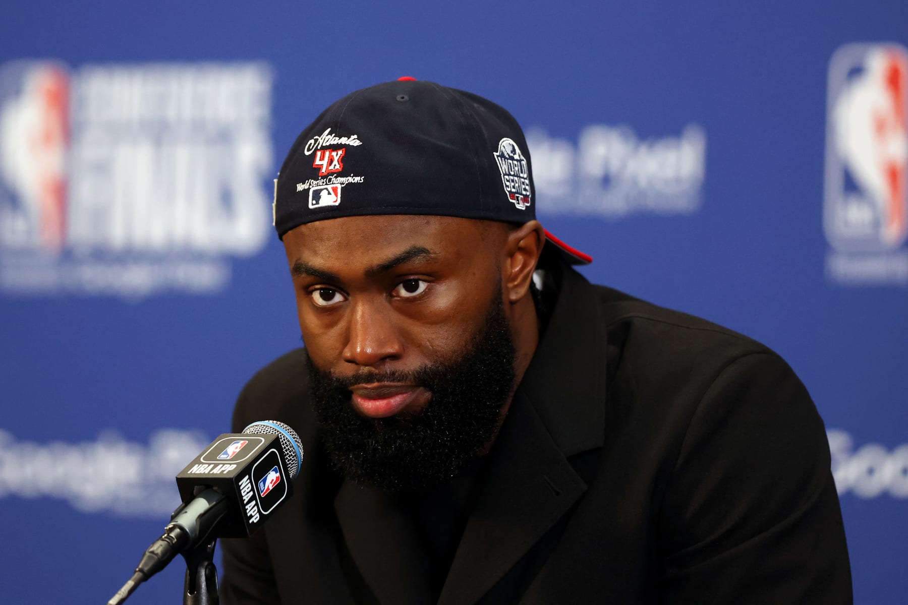 BOSTON, MASSACHUSETTS - MAY 29: Jaylen Brown #7 of the Boston Celtics speaks during a press conference after the Miami Heat defeated the Boston Celtics 103-84 in game seven of the Eastern Conference Finals at TD Garden on May 29, 2023 in Boston, Massachusetts. NOTE TO USER: User expressly acknowledges and agrees that, by downloading and or using this photograph, User is consenting to the terms and conditions of the Getty Images License Agreement. (Photo by Maddie Meyer/Getty Images)