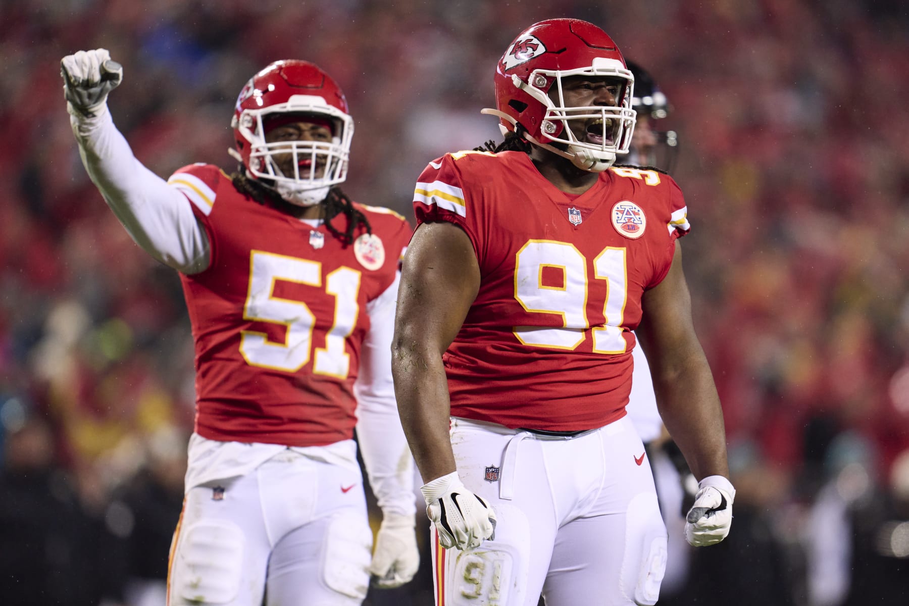 KANSAS CITY, MO - JANUARY 21: Derrick Nnadi #91 of the Kansas City Chiefs celebrates after a play against the Jacksonville Jaguars during the second half at GEHA Field at Arrowhead Stadium on January 21, 2023 in Kansas City, Missouri. (Photo by Cooper Neill/Getty Images)