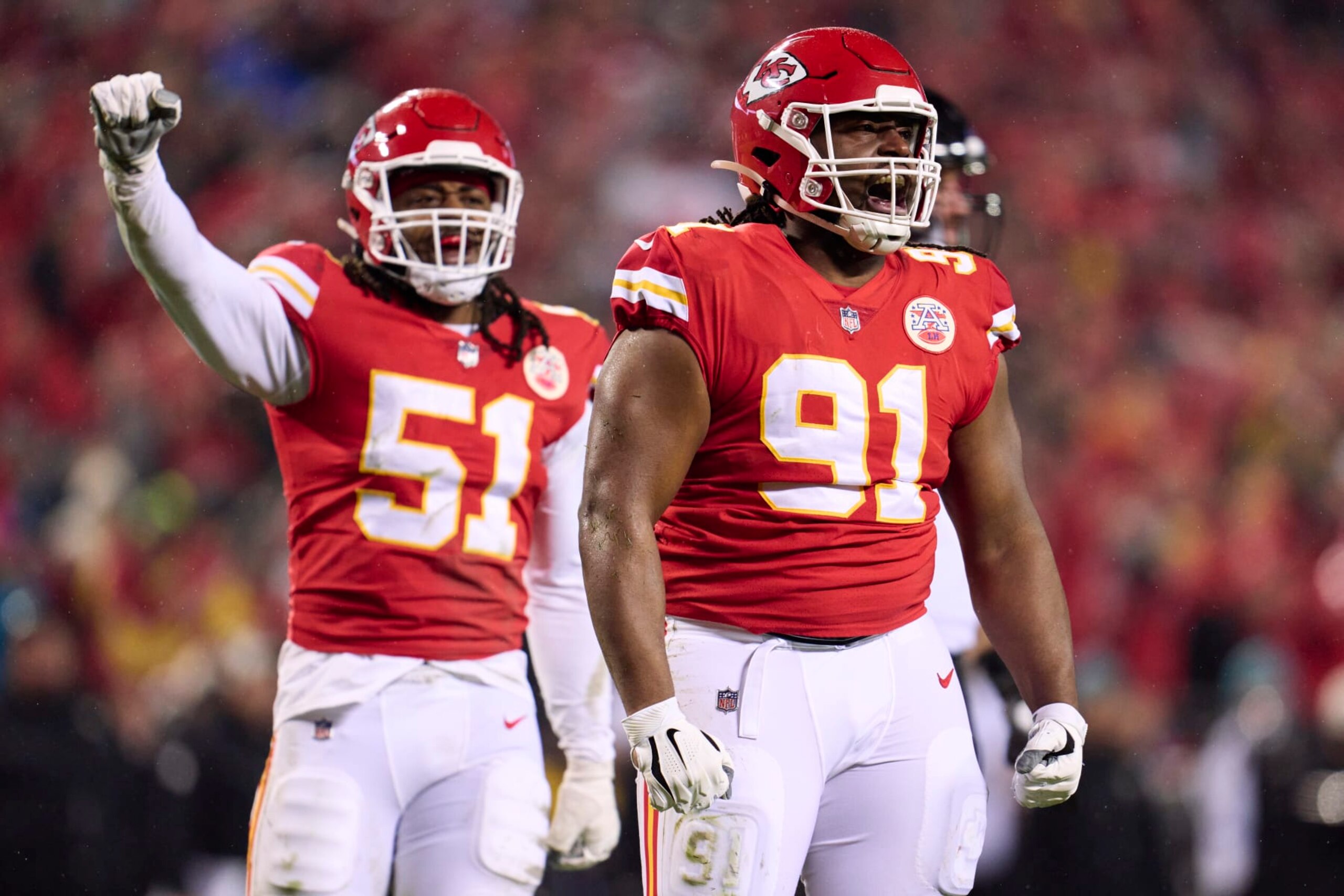 KANSAS CITY, MO - JANUARY 21: Derrick Nnadi #91 of the Kansas City Chiefs celebrates after a play against the Jacksonville Jaguars during the second half at GEHA Field at Arrowhead Stadium on January 21, 2023 in Kansas City, Missouri. (Photo by Cooper Neill/Getty Images)