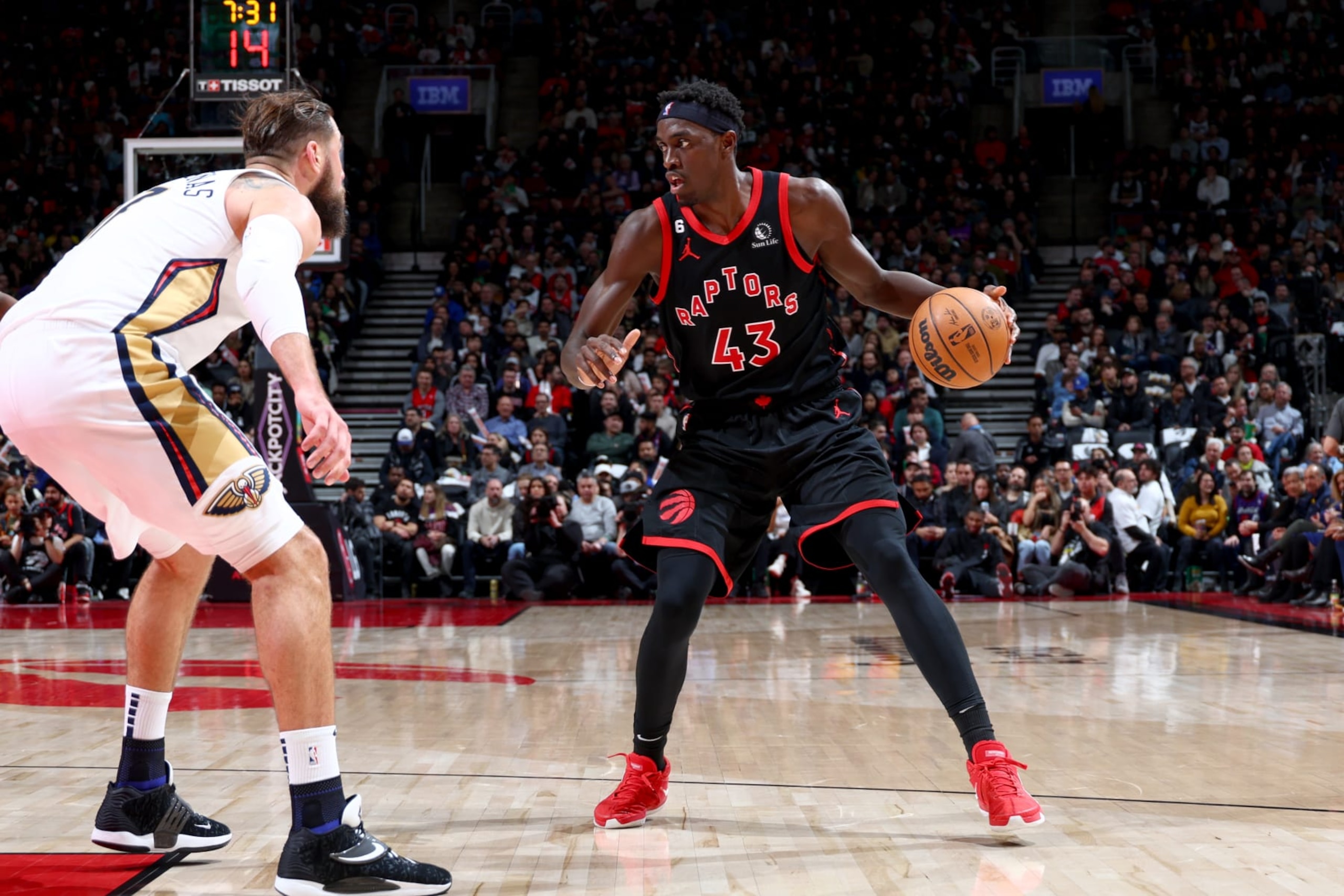 TORONTO, CANADA - FEBRUARY 23:  Pascal Siakam #43 of the Toronto Raptors dribbles the ball against the New Orleans Pelicans on February 23, 2023 at the Scotiabank Arena in Toronto, Ontario, Canada.  NOTE TO USER: User expressly acknowledges and agrees that, by downloading and or using this Photograph, user is consenting to the terms and conditions of the Getty Images License Agreement.  Mandatory Copyright Notice: Copyright 2023 NBAE (Photo by Vaughn Ridley/NBAE via Getty Images)