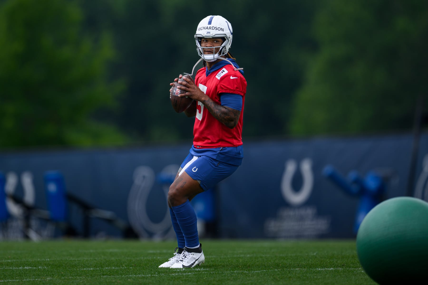 INDIANAPOLIS, IN - JUNE 14: Indianapolis Colts quarterback Anthony Richardson (5) runs through a drill during the Indianapolis Colts Minicamp on June 14, 2023 at the Indiana Farm Bureau Football Center in Indianapolis, IN. (Photo by Zach Bolinger/Icon Sportswire via Getty Images)