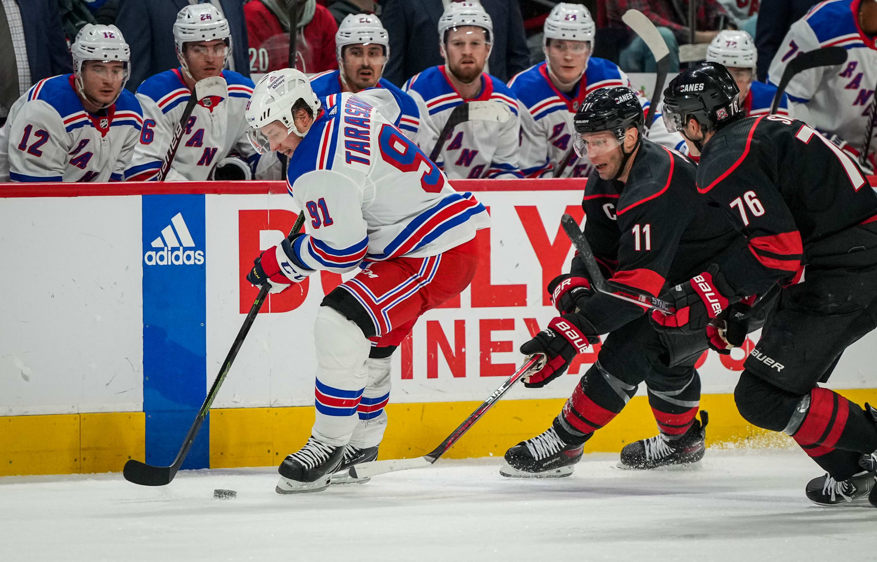 RALEIGH, NORTH CAROLINA - FEBRUARY 11: Vladimir Tarasenko #91 of the New York Rangers skates during the second period against the Carolina Hurricanes at PNC Arena on February 11, 2023 in Raleigh, North Carolina. (Photo by Josh Lavallee/NHLI via Getty Images)