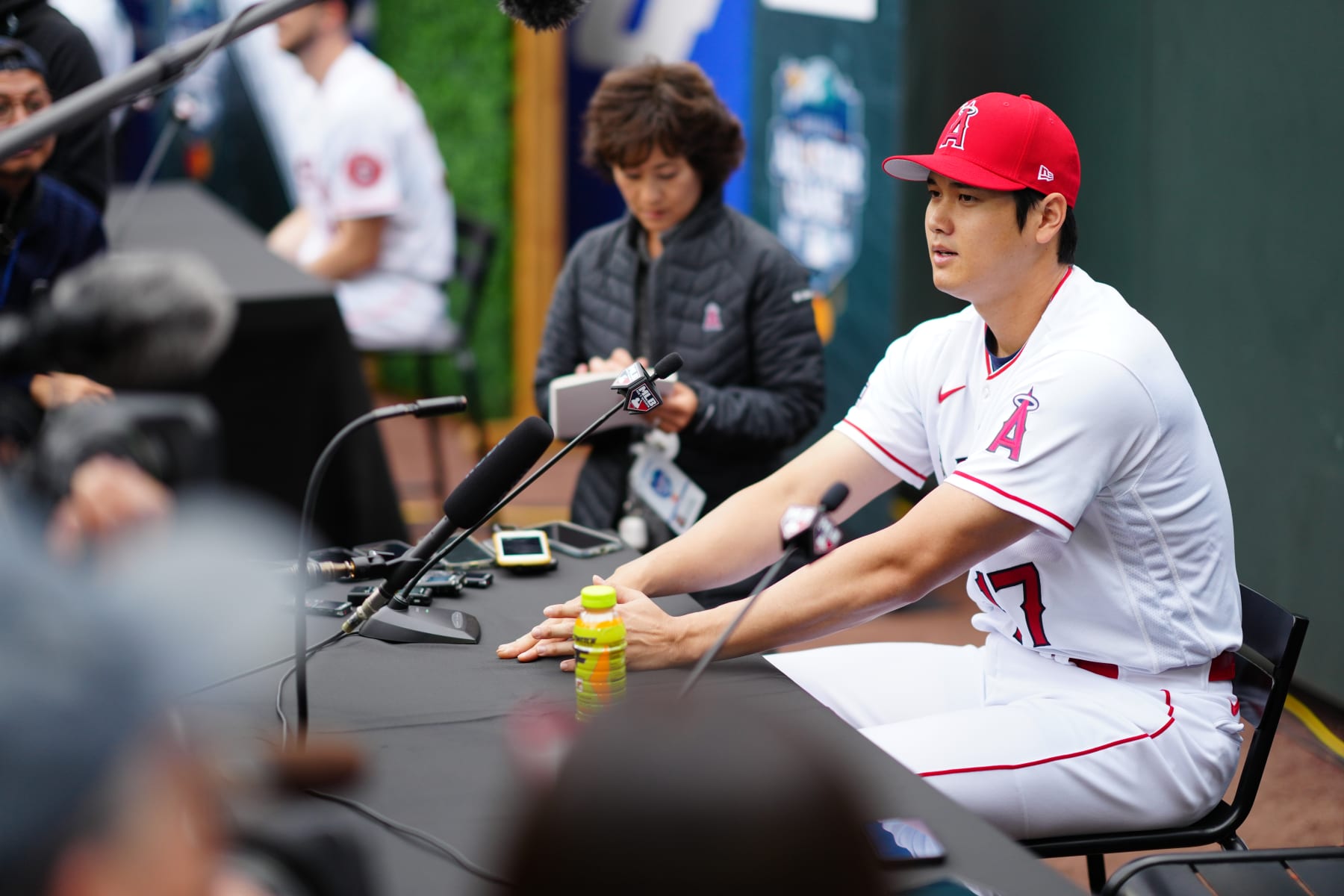 SEATTLE, WA - JULY 10: Shohei Ohtani #17 of the Los Angeles Angels is interviewed during the American League Media Availability at T-Mobile Park on Monday, July 10, 2023 in Seattle, Washington. (Photo by Daniel Shirey/MLB Photos via Getty Images)
