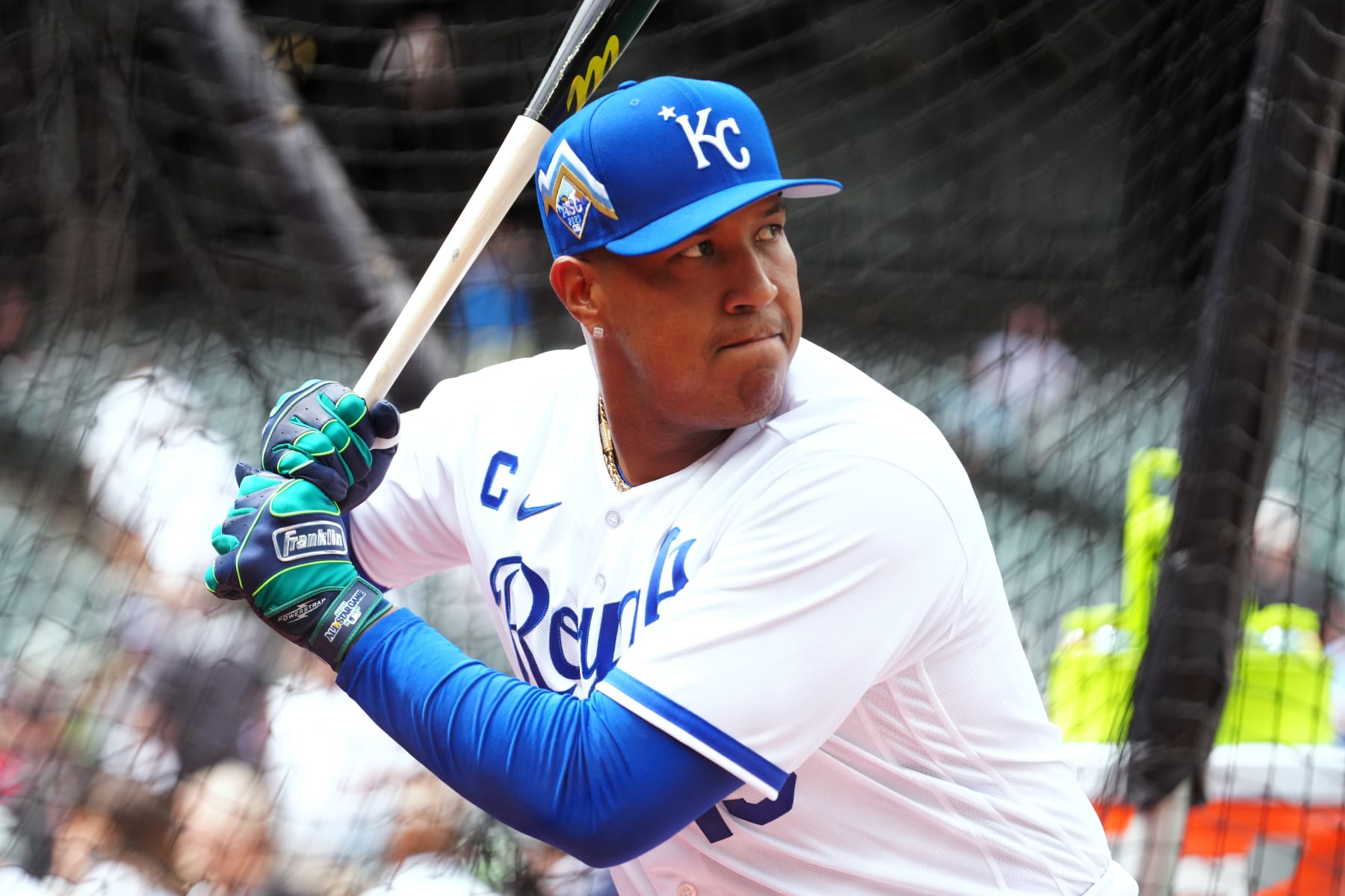 SEATTLE, WA - JULY 10:  Salvador Perez #13 of the Kansas City Royals takes batting practice during the Gatorade All-Star Workout Day at T-Mobile Park on Monday, July 10, 2023 in Seattle, Washington. (Photo by Mary DeCicco/MLB Photos via Getty Images)