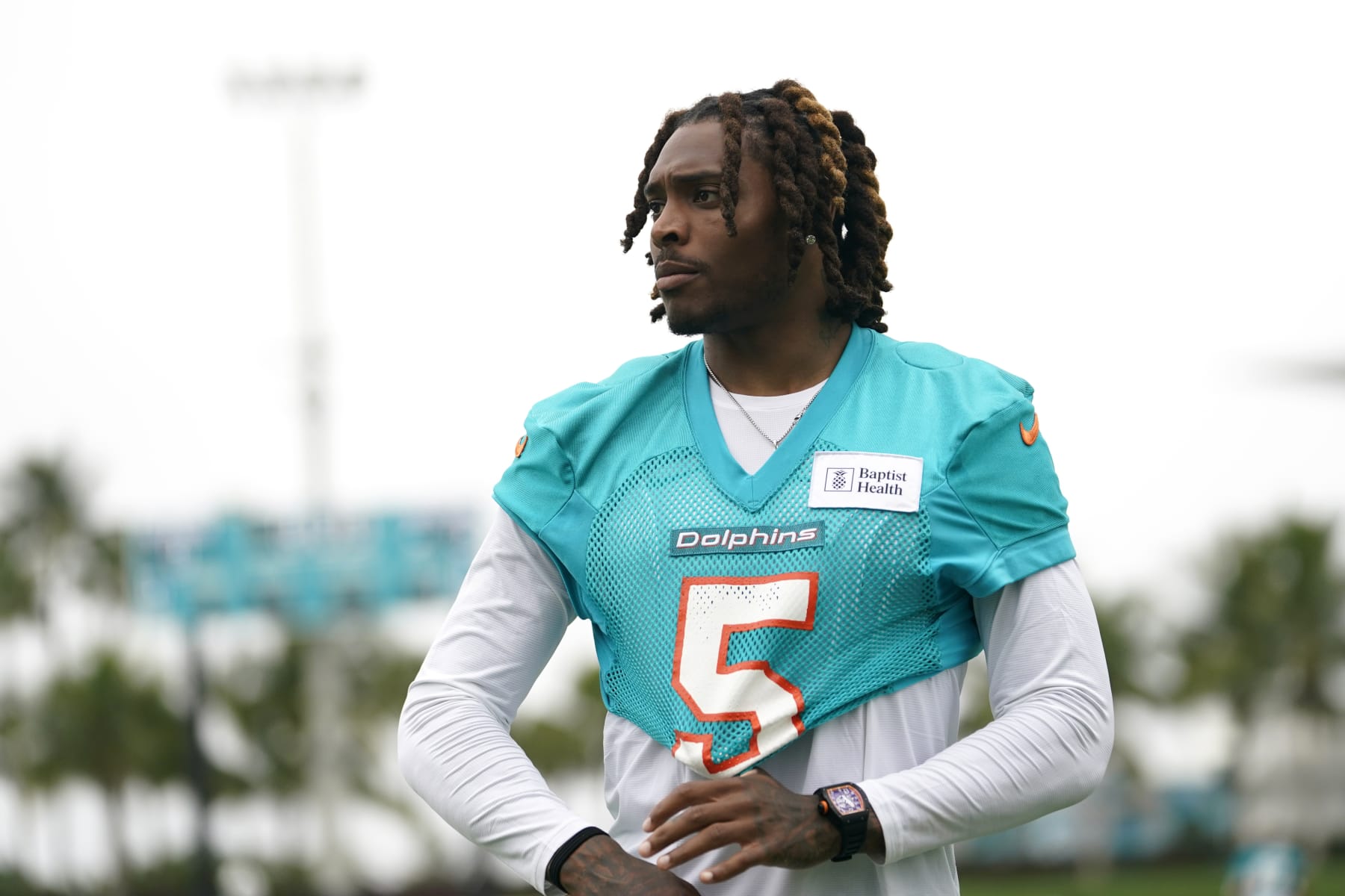 Miami Dolphins cornerback Jalen Ramsey (5) walks on the field after practice at the NFL football team's training facility, Tuesday, June 6, 2023, in Miami Gardens, Fla. (AP Photo/Lynne Sladky) Miami Dolphins cornerback Jalen Ramsey (5) walks on the field after practice at the NFL football team's training facility, Tuesday, June 6, 2023, in Miami Gardens, Fla. (AP Photo/Lynne Sladky)