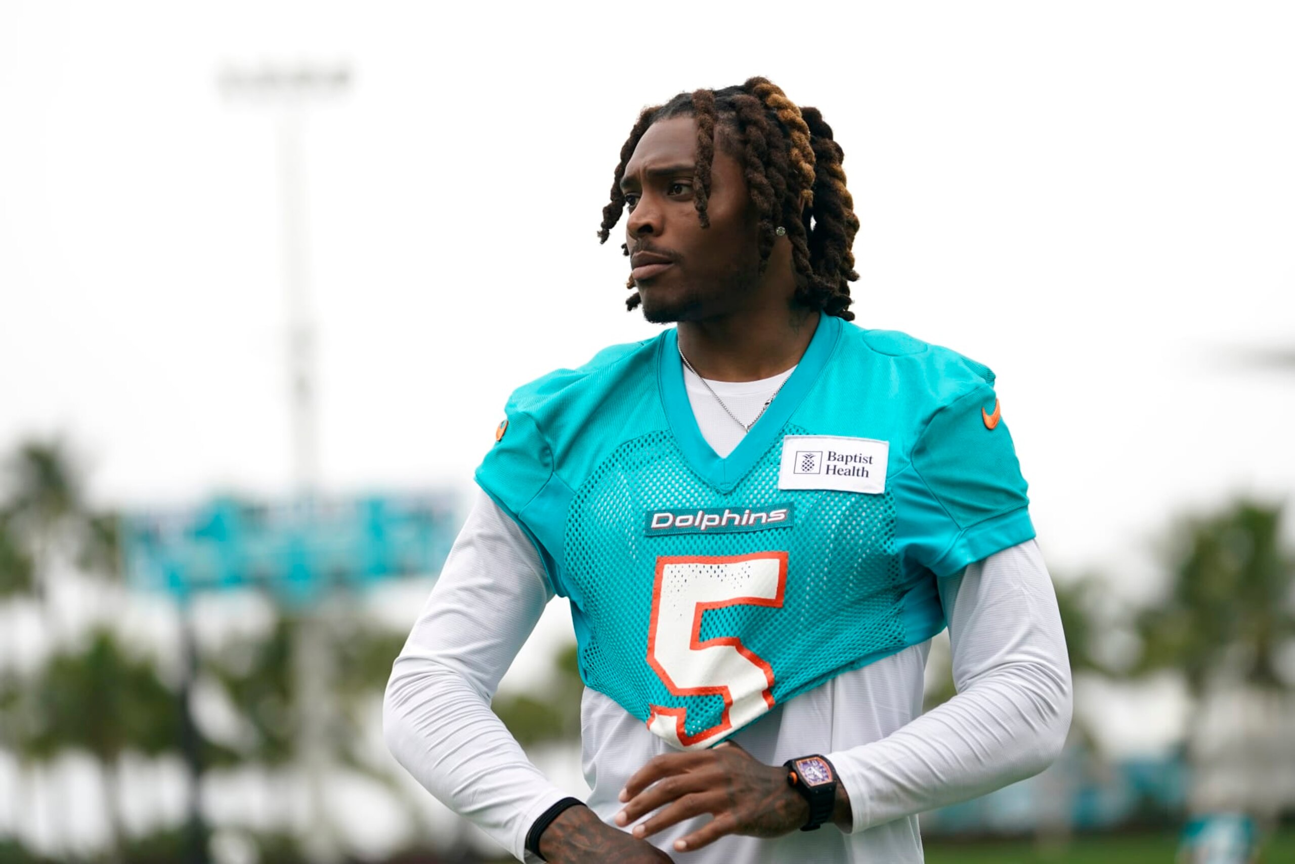 Miami Dolphins cornerback Jalen Ramsey (5) walks on the field after practice at the NFL football team's training facility, Tuesday, June 6, 2023, in Miami Gardens, Fla. (AP Photo/Lynne Sladky)