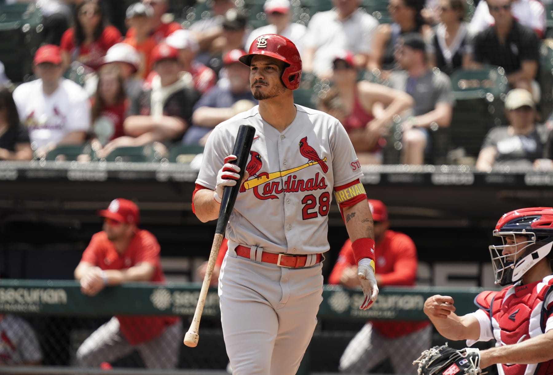 CHICAGO, ILLINOIS - JULY 09: Nolan Arenado #28 of the St. Louis Cardinals bats against the Chicago White Sox at Guaranteed Rate Field on July 09, 2023 in Chicago, Illinois. (Photo by Nuccio DiNuzzo/Getty Images)