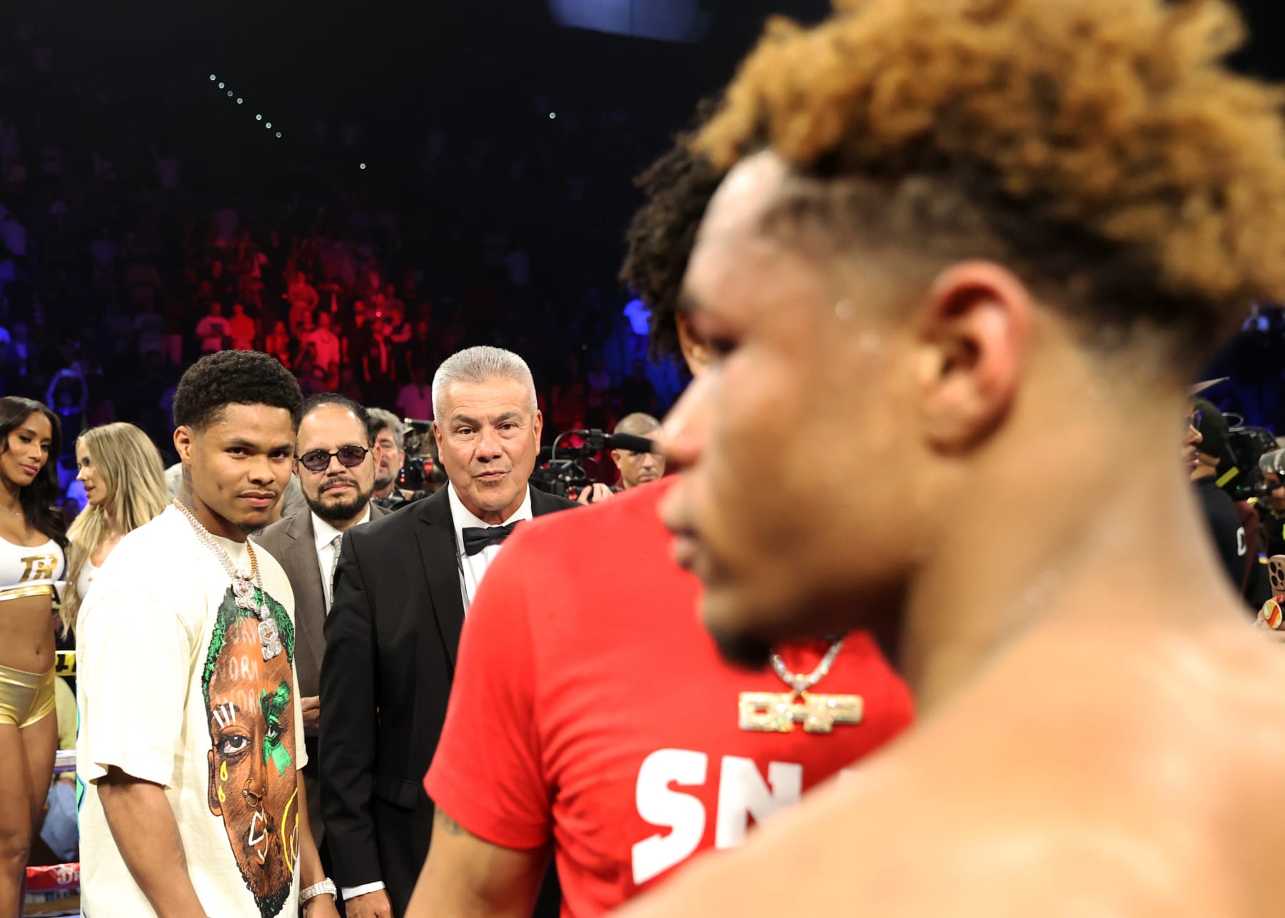 LAS VEGAS, NEVADA - MAY 20: Shakur Stevenson (L) stares at Devin Haney (R) after defeating Vasiliy Lomachenko for the Undisputed lightweight championship fight at MGM Grand Hotel & Casino on May 20, 2023 in Las Vegas, Nevada. (Photo by Mikey Williams/Top Rank Inc via Getty Images)