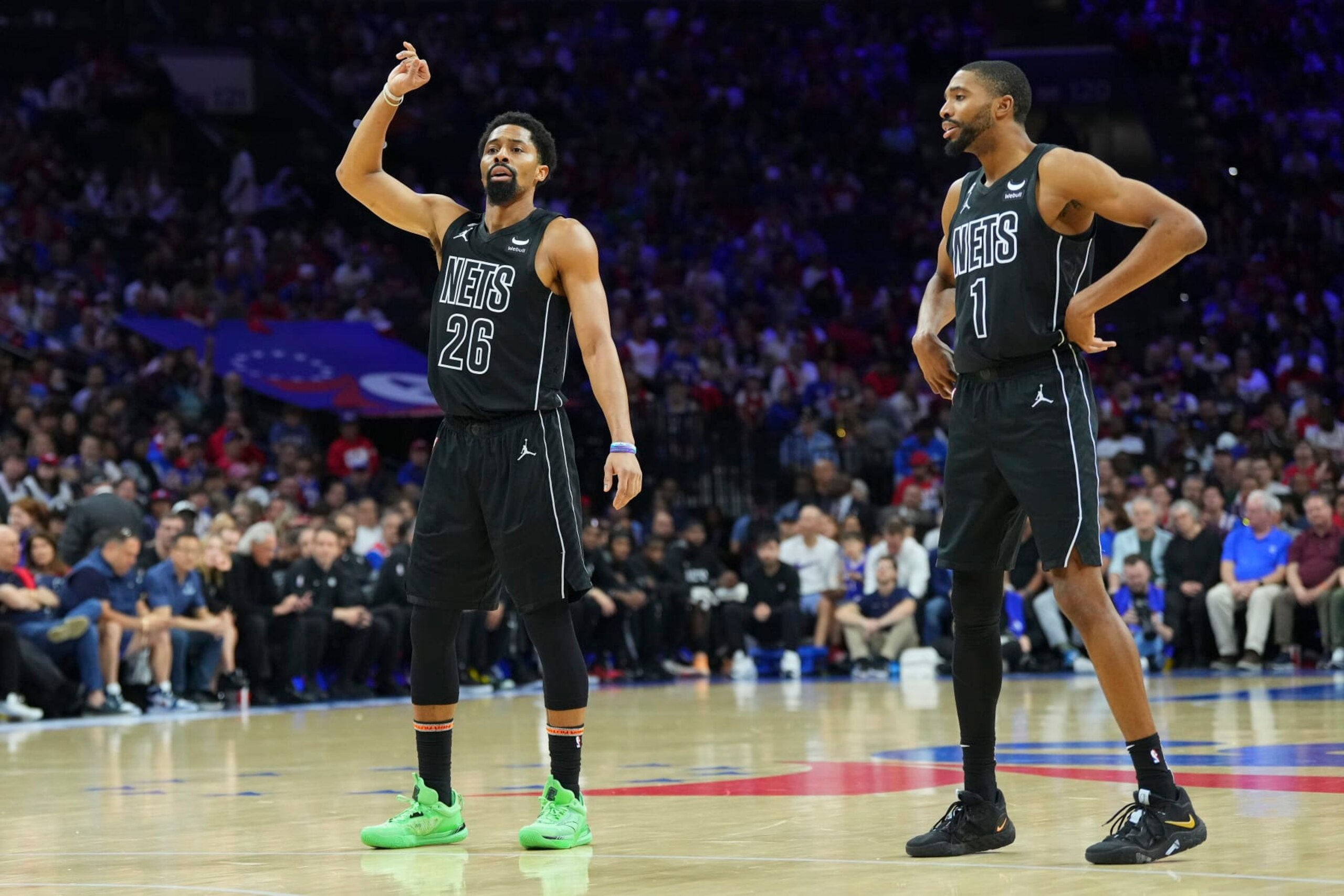 PHILADELPHIA, PA - APRIL 15: Spencer Dinwiddie #26 and Mikal Bridges #1 of the Brooklyn Nets look on against the Philadelphia 76ers during Game One of the Eastern Conference First Round Playoffs at the Wells Fargo Center on April 15, 2023 in Philadelphia, Pennsylvania. The 76ers defeated the Nets 121-101. NOTE TO USER: User expressly acknowledges and agrees that, by downloading and or using this photograph, User is consenting to the terms and conditions of the Getty Images License Agreement. (Photo by Mitchell Leff/Getty Images) PHILADELPHIA, PA - APRIL 15: Spencer Dinwiddie #26 and Mikal Bridges #1 of the Brooklyn Nets look on against the Philadelphia 76ers during Game One of the Eastern Conference First Round Playoffs at the Wells Fargo Center on April 15, 2023 in Philadelphia, Pennsylvania. The 76ers defeated the Nets 121-101. NOTE TO USER: User expressly acknowledges and agrees that, by downloading and or using this photograph, User is consenting to the terms and conditions of the Getty Images License Agreement. (Photo by Mitchell Leff/Getty Images)