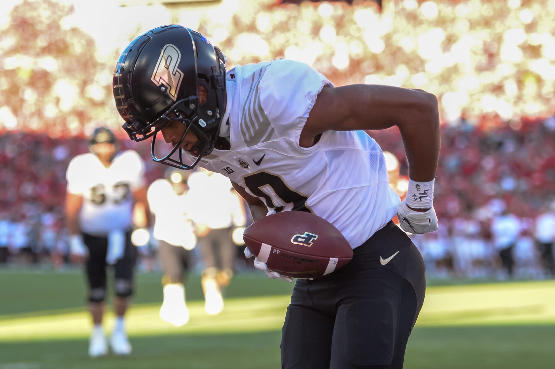 LINCOLN, NE - OCTOBER 30: Wide receiver David Bell #3 of the Purdue Boilermakers bows to the crowd after scoring against the Nebraska Cornhuskers in the second half at Memorial Stadium on October 30, 2021 in Lincoln, Nebraska. (Photo by Steven Branscombe/Getty Images)