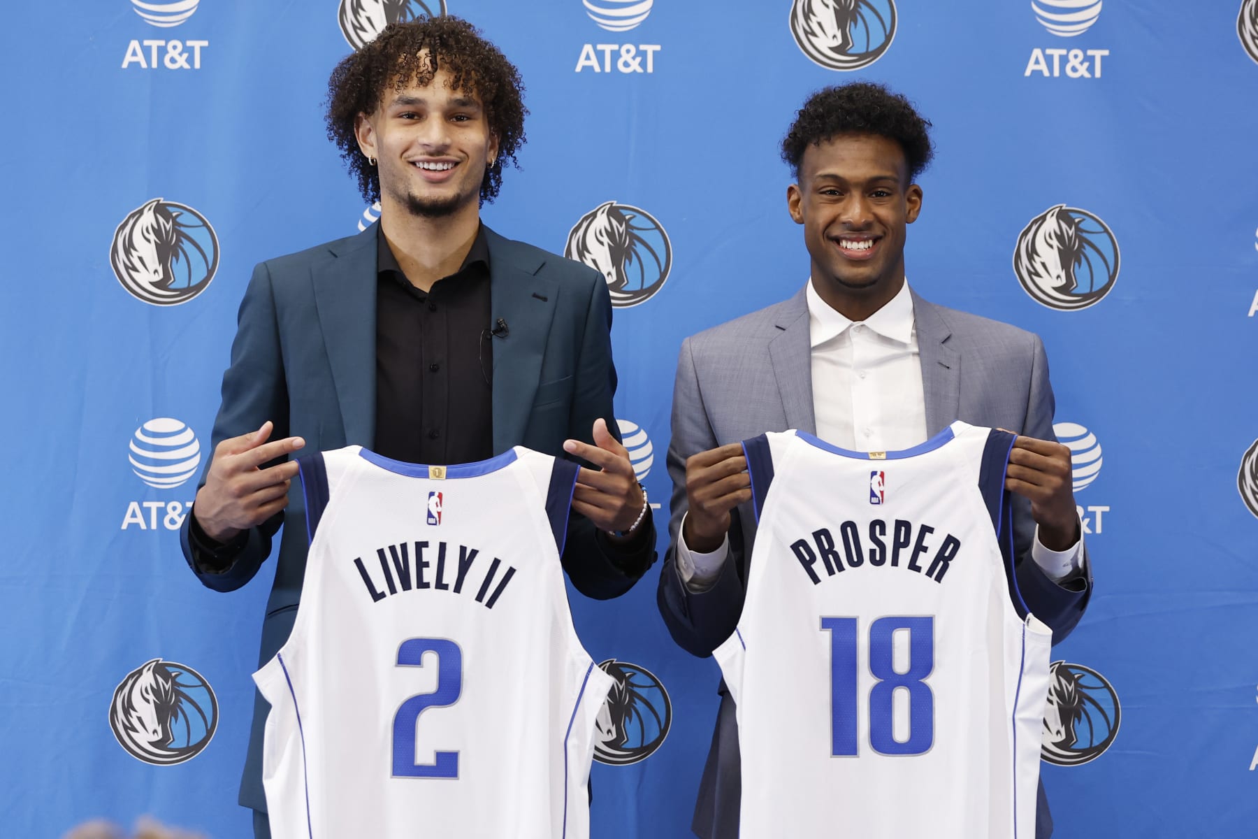 DALLAS, TX - JUNE 26: Dereck Lively II #2 and Olivier-Maxence Prosper #18 of the Dallas Mavericks pose for a portrait on June 26, 2023 at the American Airlines Center in Dallas, Texas. NOTE TO USER: User expressly acknowledges and agrees that, by downloading and or using this photograph, User is consenting to the terms and conditions of the Getty Images License Agreement. Mandatory Copyright Notice: Copyright 2023 NBAE (Photo by Tim Heitman/NBAE via Getty Images)