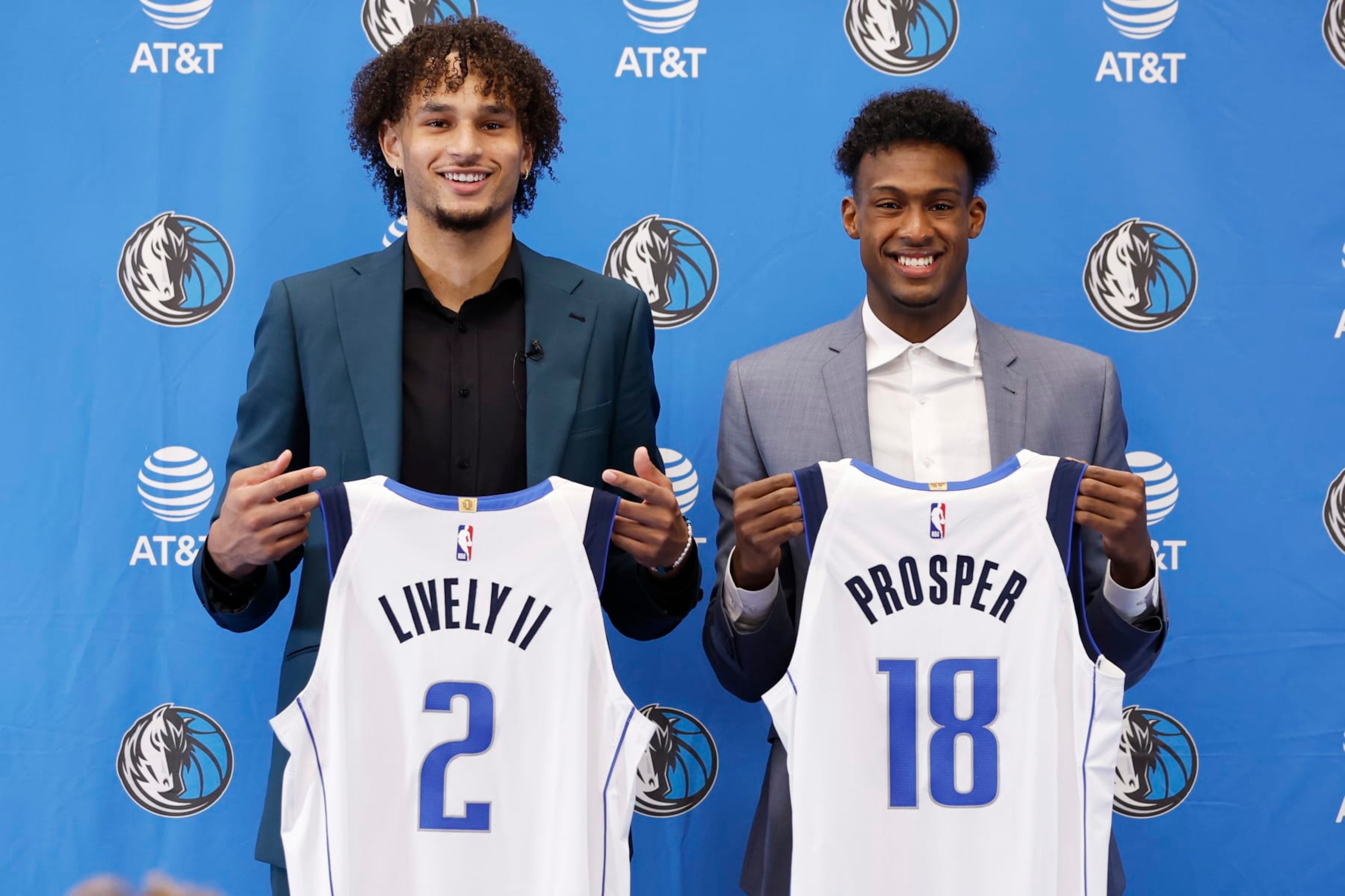 DALLAS, TX - JUNE 26: Dereck Lively II #2 and Olivier-Maxence Prosper #18 of the Dallas Mavericks pose for a portrait on June 26, 2023 at the American Airlines Center in Dallas, Texas. NOTE TO USER: User expressly acknowledges and agrees that, by downloading and or using this photograph, User is consenting to the terms and conditions of the Getty Images License Agreement. Mandatory Copyright Notice: Copyright 2023 NBAE (Photo by Tim Heitman/NBAE via Getty Images) DALLAS, TX - JUNE 26: Dereck Lively II #2 and Olivier-Maxence Prosper #18 of the Dallas Mavericks pose for a portrait on June 26, 2023 at the American Airlines Center in Dallas, Texas. NOTE TO USER: User expressly acknowledges and agrees that, by downloading and or using this photograph, User is consenting to the terms and conditions of the Getty Images License Agreement. Mandatory Copyright Notice: Copyright 2023 NBAE (Photo by Tim Heitman/NBAE via Getty Images)