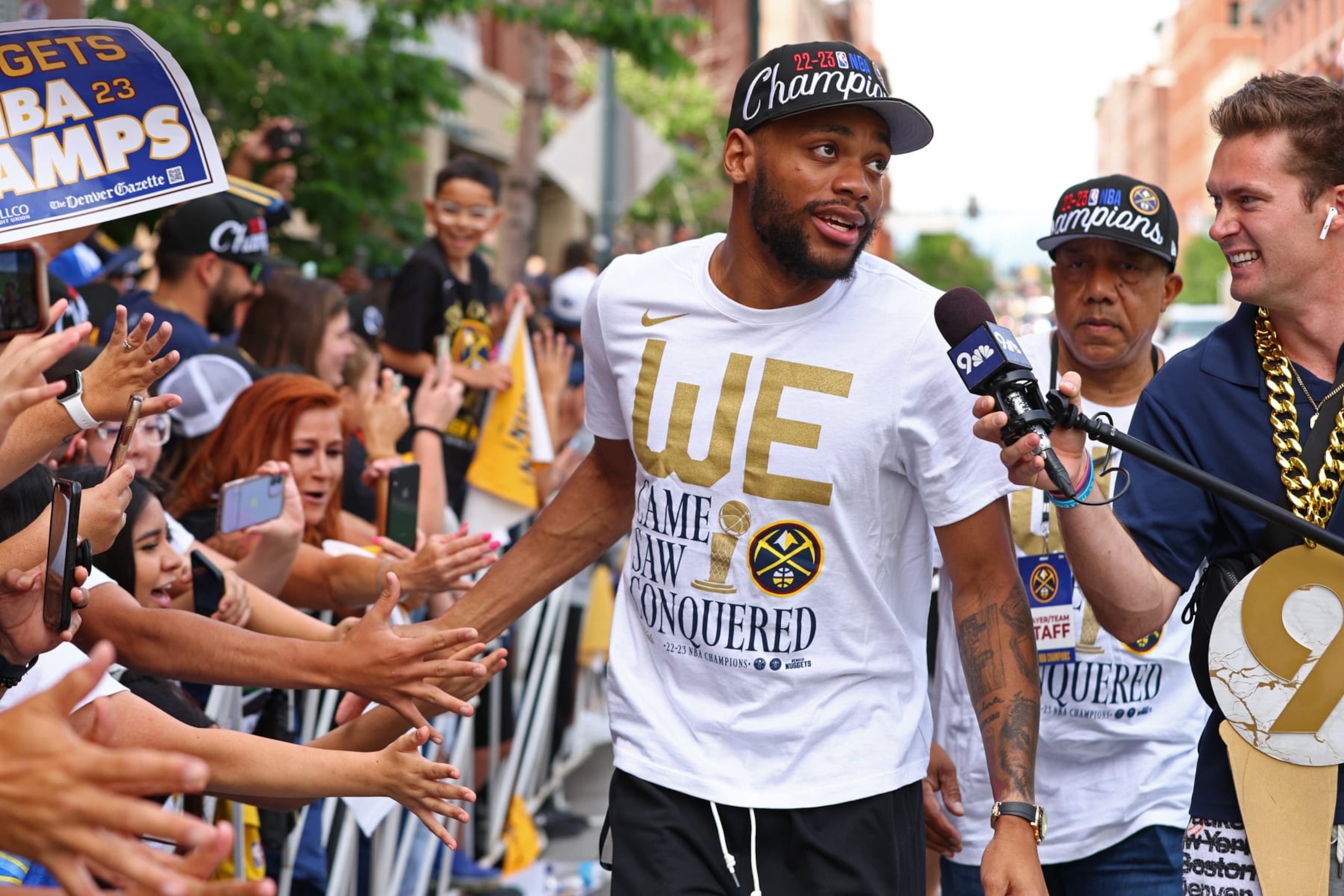 DENVER, CO - JUNE 15: Bruce Brown #11 of the Denver Nuggets celebrates during the 2023 Denver Nuggets Championship Parade on June 15, 2023 in Denver, Colorado. NOTE TO USER: User expressly acknowledges and agrees that, by downloading and/or using this Photograph, user is consenting to the terms and conditions of the Getty Images License Agreement. Mandatory Copyright Notice: Copyright 2023 NBAE (Photo by Jamie Schwaberow/NBAE via Getty Images) DENVER, CO - JUNE 15: Bruce Brown #11 of the Denver Nuggets celebrates during the 2023 Denver Nuggets Championship Parade on June 15, 2023 in Denver, Colorado. NOTE TO USER: User expressly acknowledges and agrees that, by downloading and/or using this Photograph, user is consenting to the terms and conditions of the Getty Images License Agreement. Mandatory Copyright Notice: Copyright 2023 NBAE (Photo by Jamie Schwaberow/NBAE via Getty Images)