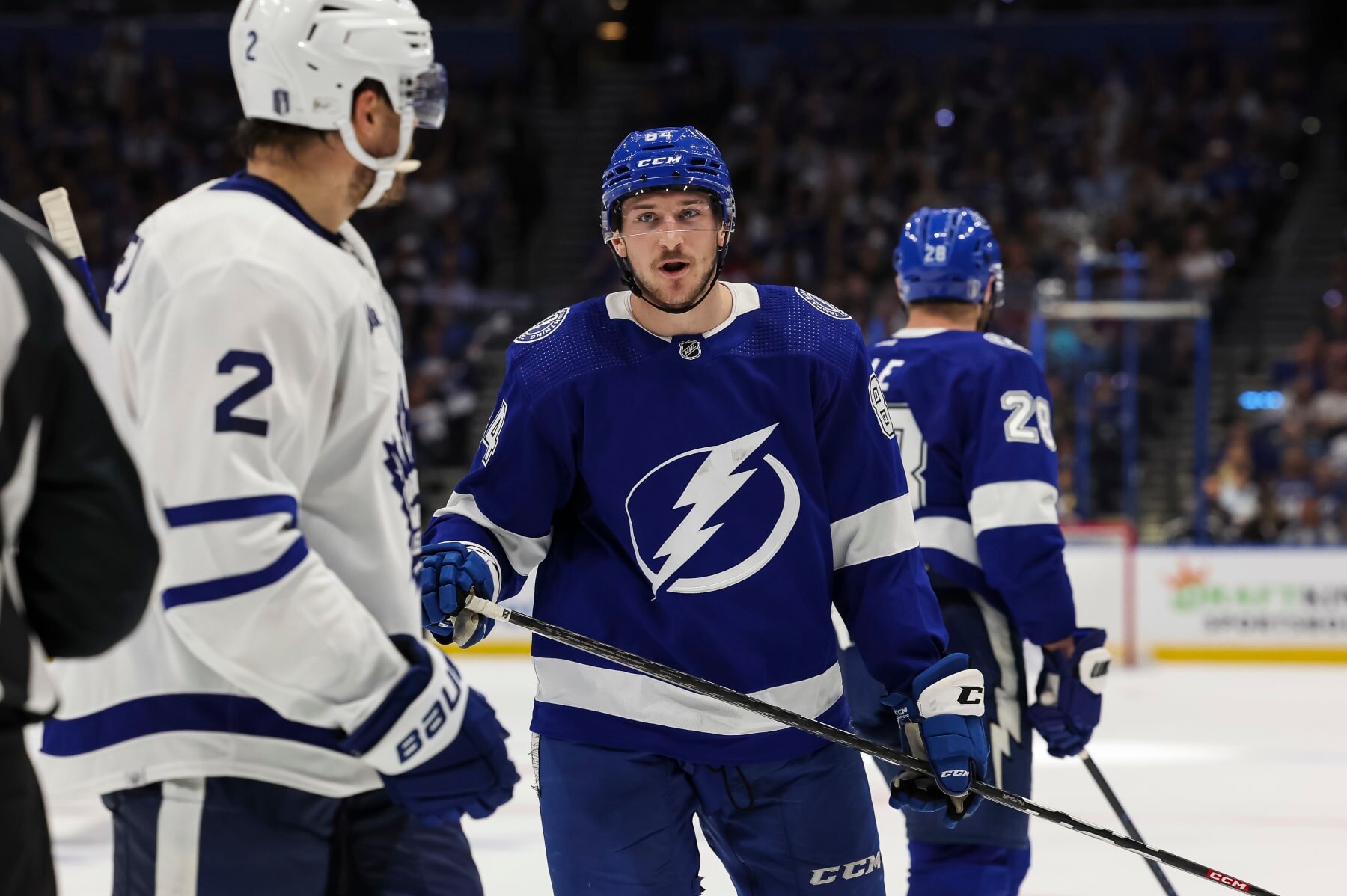 TAMPA, FL - APRIL 24: Tanner Jeannot #84 of the Tampa Bay Lightning against the Toronto Maple Leafs during the third period in Game Four of the First Round of the 2023 Stanley Cup Playoffs at Amalie Arena on April 24, 2023 in Tampa, Florida. (Photo by Mark LoMoglio/NHLI via Getty Images)