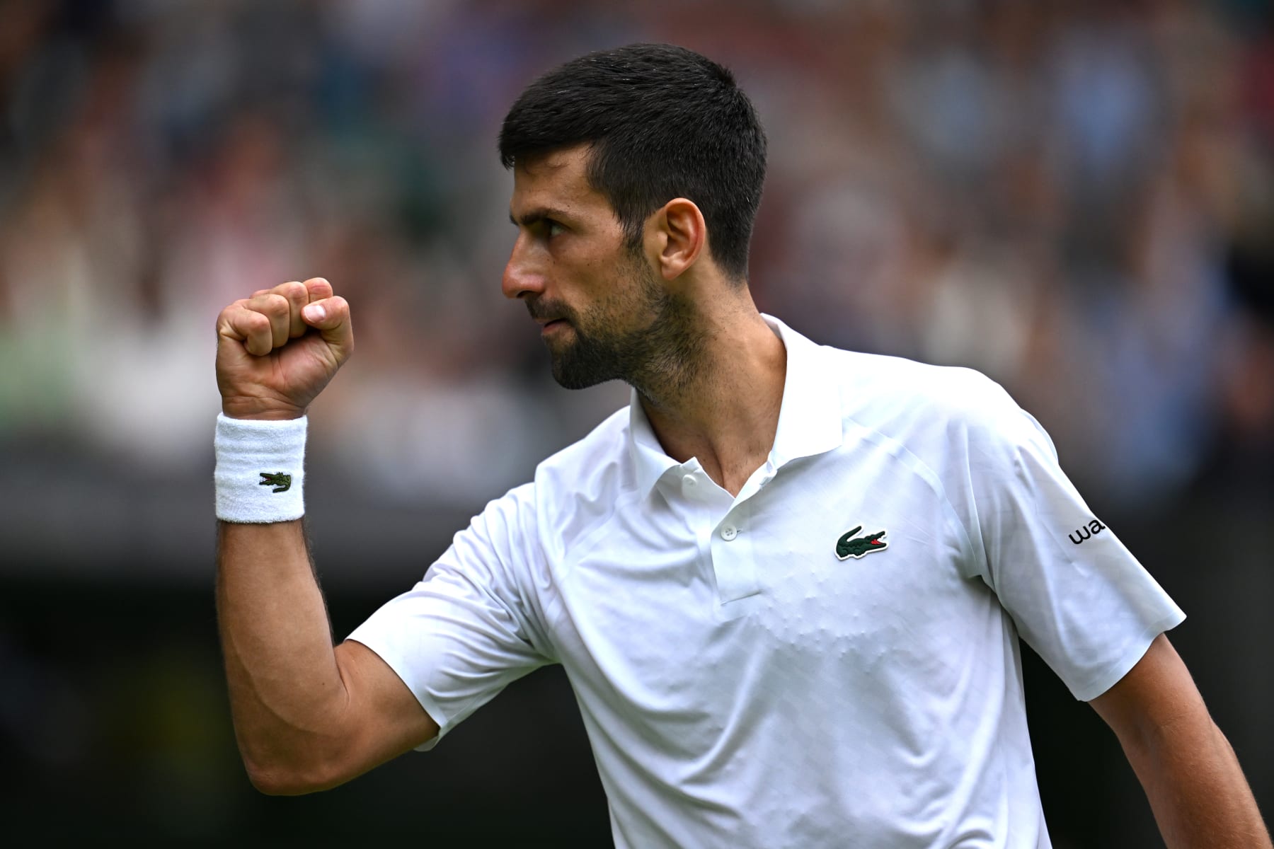LONDON, ENGLAND - JULY 11: Novak Djokovic of Serbia celebrates against Andrey Rublev in the Men's Singles Quarter Final match during day nine of The Championships Wimbledon 2023 at All England Lawn Tennis and Croquet Club on July 11, 2023 in London, England. (Photo by Shaun Botterill/Getty Images)