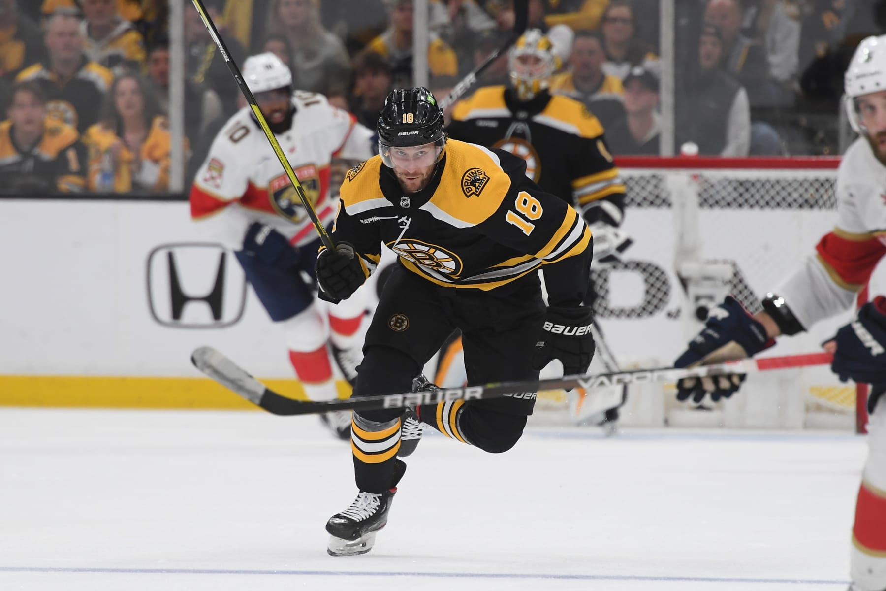 BOSTON, MASSACHUSETTS - APRIL 30: Pavel Zacha #18 of the Boston Bruins skates against the Florida Panthers in Game Seven of the First Round of the 2023 Stanley Cup Playoffs at TD Garden on April 30, 2023, in Boston, Massachusetts. (Photo by Steve Babineau/NHLI via Getty Images)