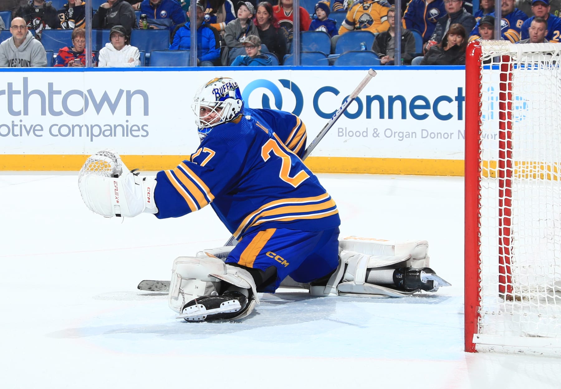 BUFFALO, NY - APRIL 8: Devon Levi #27 of the Buffalo Sabres tends goal during an NHL game against the Carolina Hurricanes on April 8, 2023 at KeyBank Center in Buffalo, New York. (Photo by Bill Wippert/NHLI via Getty Images)