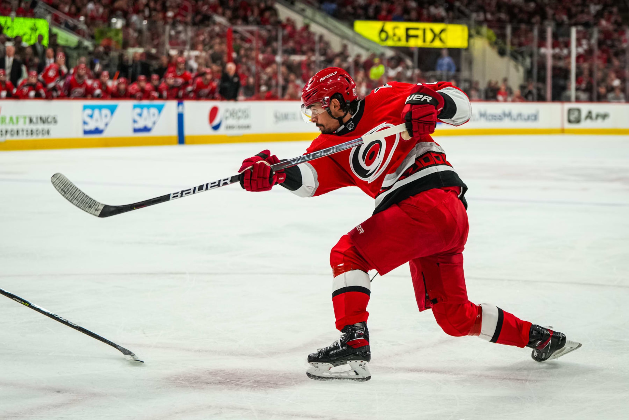 RALEIGH, NORTH CAROLINA - MAY 20: Seth Jarvis #24 of the Carolina Hurricanes shoots the puck during the first period against the Florida Panthers in Game Two of the Eastern Conference Final of the 2023 Stanley Cup Playoffs at PNC Arena on May 20, 2023 in Raleigh, North Carolina. (Photo by Josh Lavallee/NHLI via Getty Images)