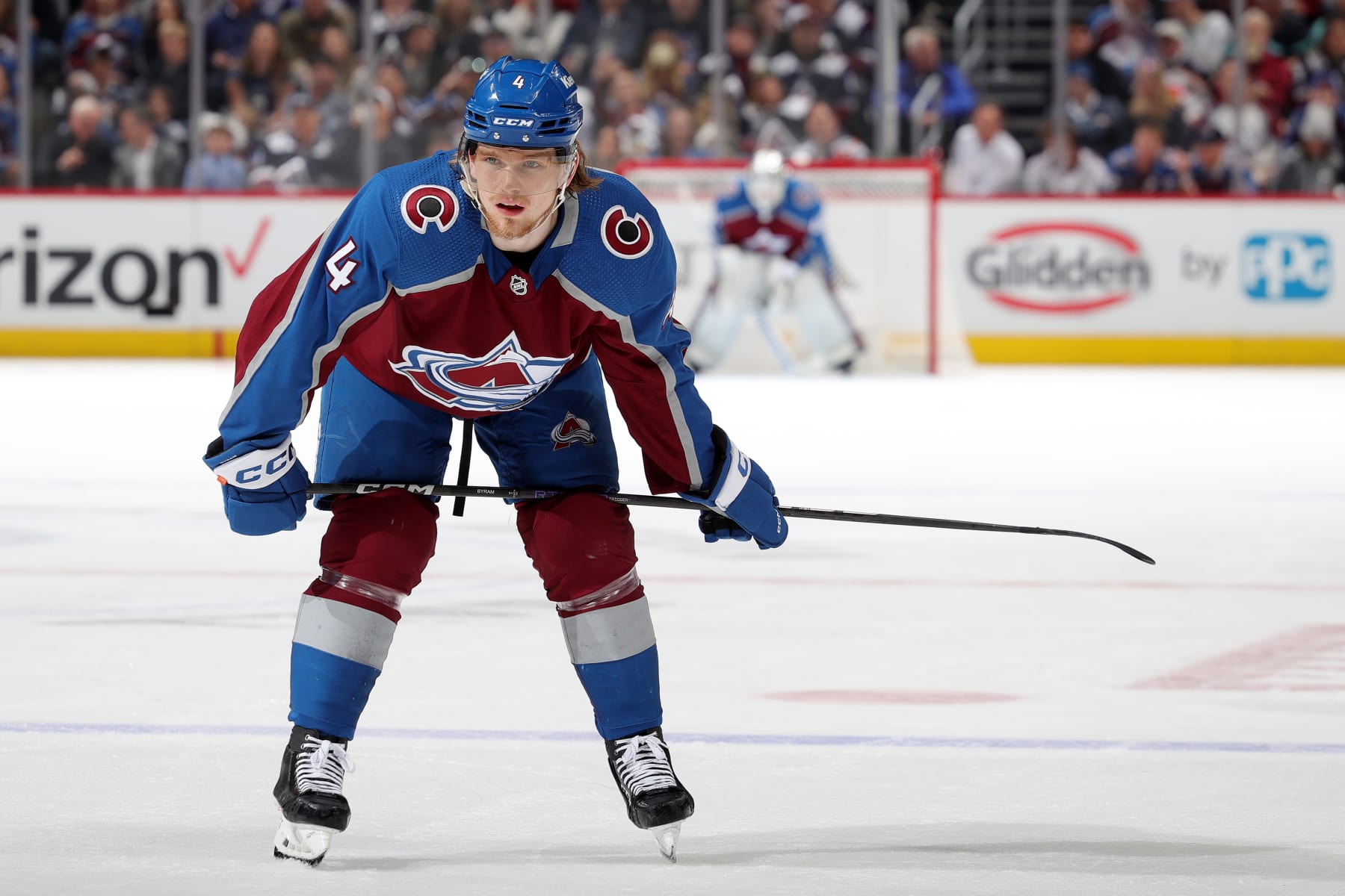 DENVER, COLORADO - APRIL 30: Bowen Byram #4 of the Colorado Avalanche awaits a faceoff against the Seattle Kraken in Game Seven of the First Round of the 2023 Stanley Cup Playoffs at Ball Arena on April 30, 2023 in Denver, Colorado. (Photo by Michael Martin/NHLI via Getty Images)