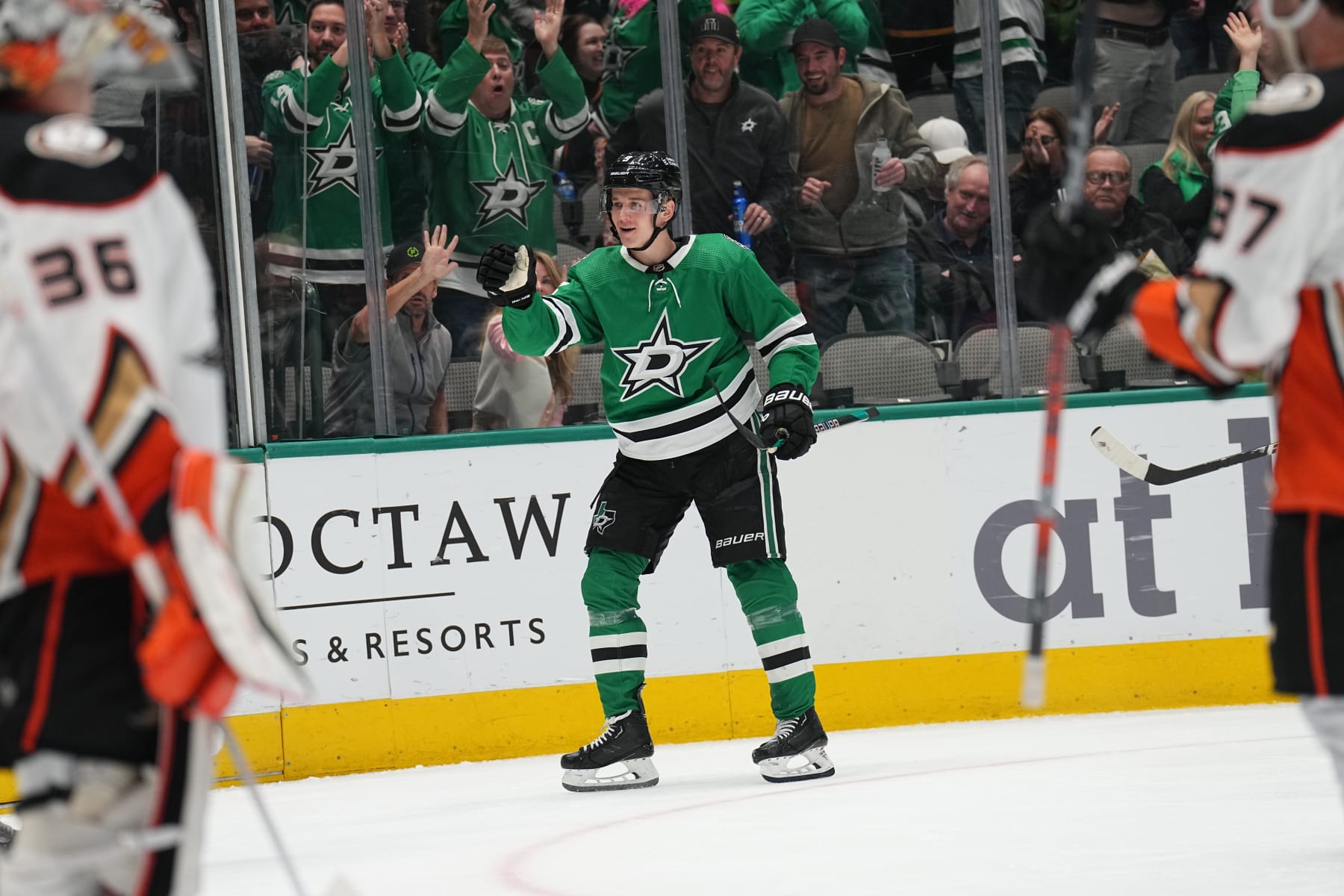 DALLAS, TX - FEBRUARY 6: Nils Lundkvist #5 of the Dallas Stars celebrates a goal against the Anaheim Ducks at the American Airlines Center on February 6, 2023 in Dallas, Texas. (Photo by Glenn James/NHLI via Getty Images)