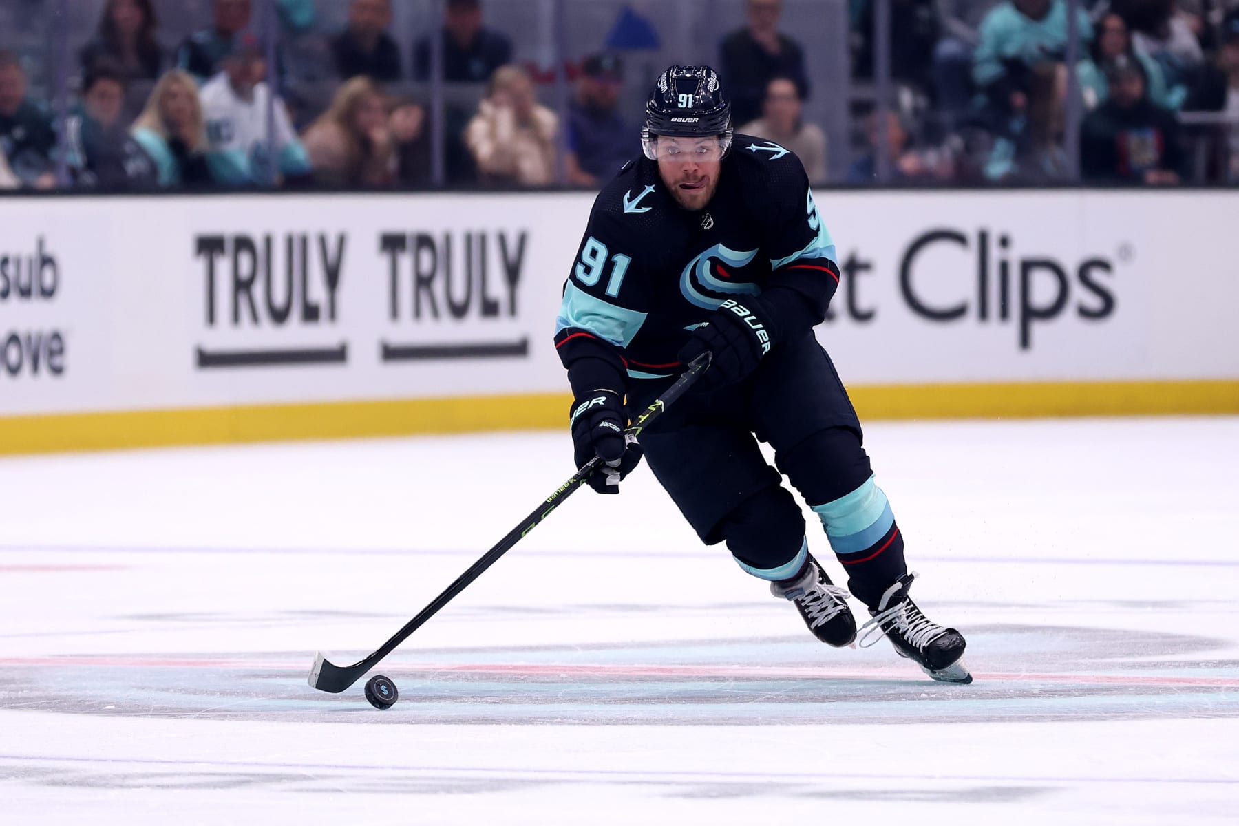 SEATTLE, WASHINGTON - APRIL 28: Daniel Sprong #91 of the Seattle Kraken skates against the Colorado Avalanche during the second period in Game Six of the First Round of the 2023 Stanley Cup Playoffs at Climate Pledge Arena on April 28, 2023 in Seattle, Washington. (Photo by Steph Chambers/Getty Images)