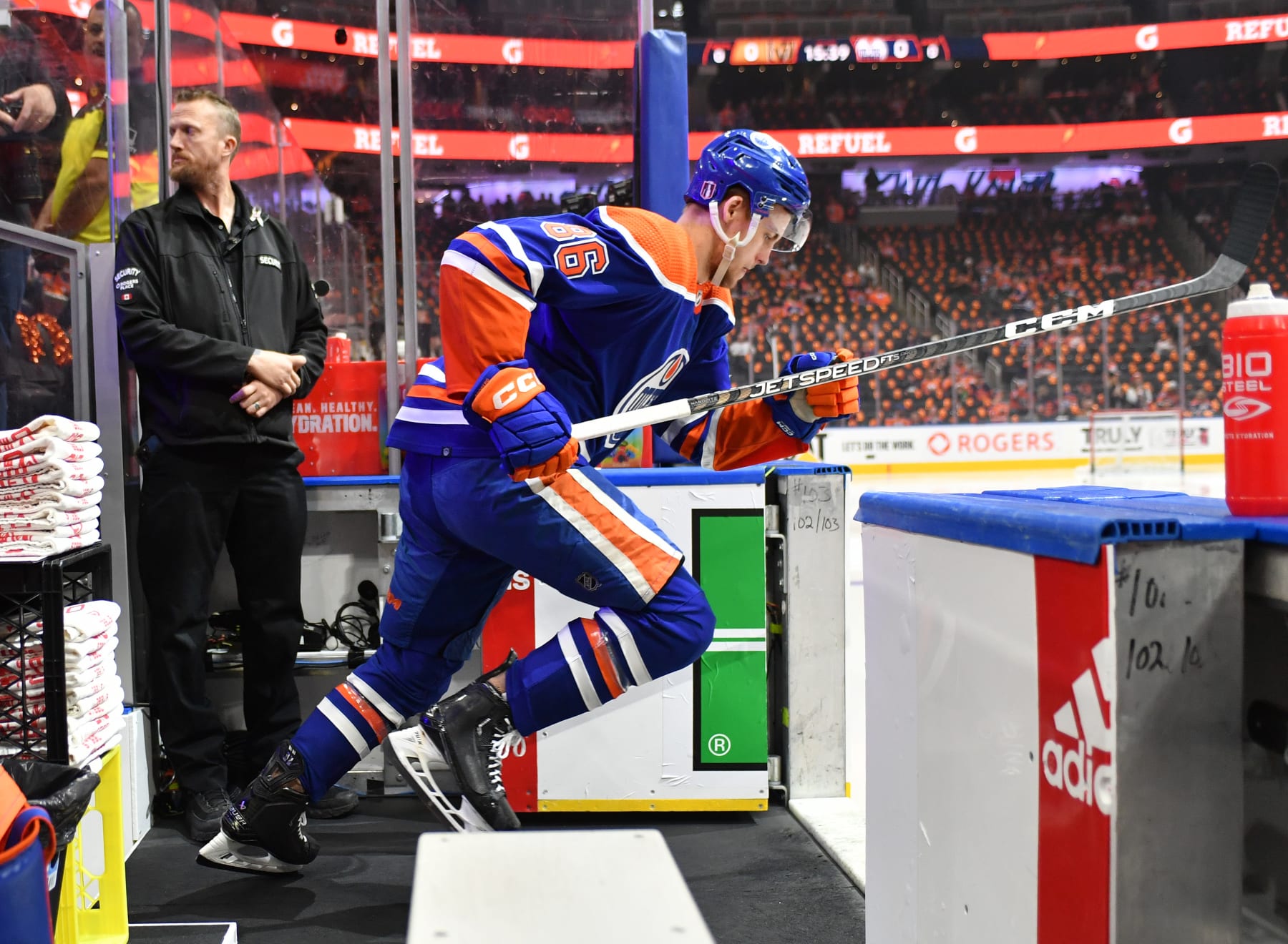 EDMONTON, CANADA - MAY 8: Philip Broberg #86 of the Edmonton Oilers steps onto the ice for warm ups before Game Three of the Second Round of the 2023 Stanley Cup Playoffs against the Vegas Golden Knights at Rogers Place on May 8, 2023, in Edmonton, Alberta, Canada. (Photo by Andy Devlin/NHLI via Getty Images)