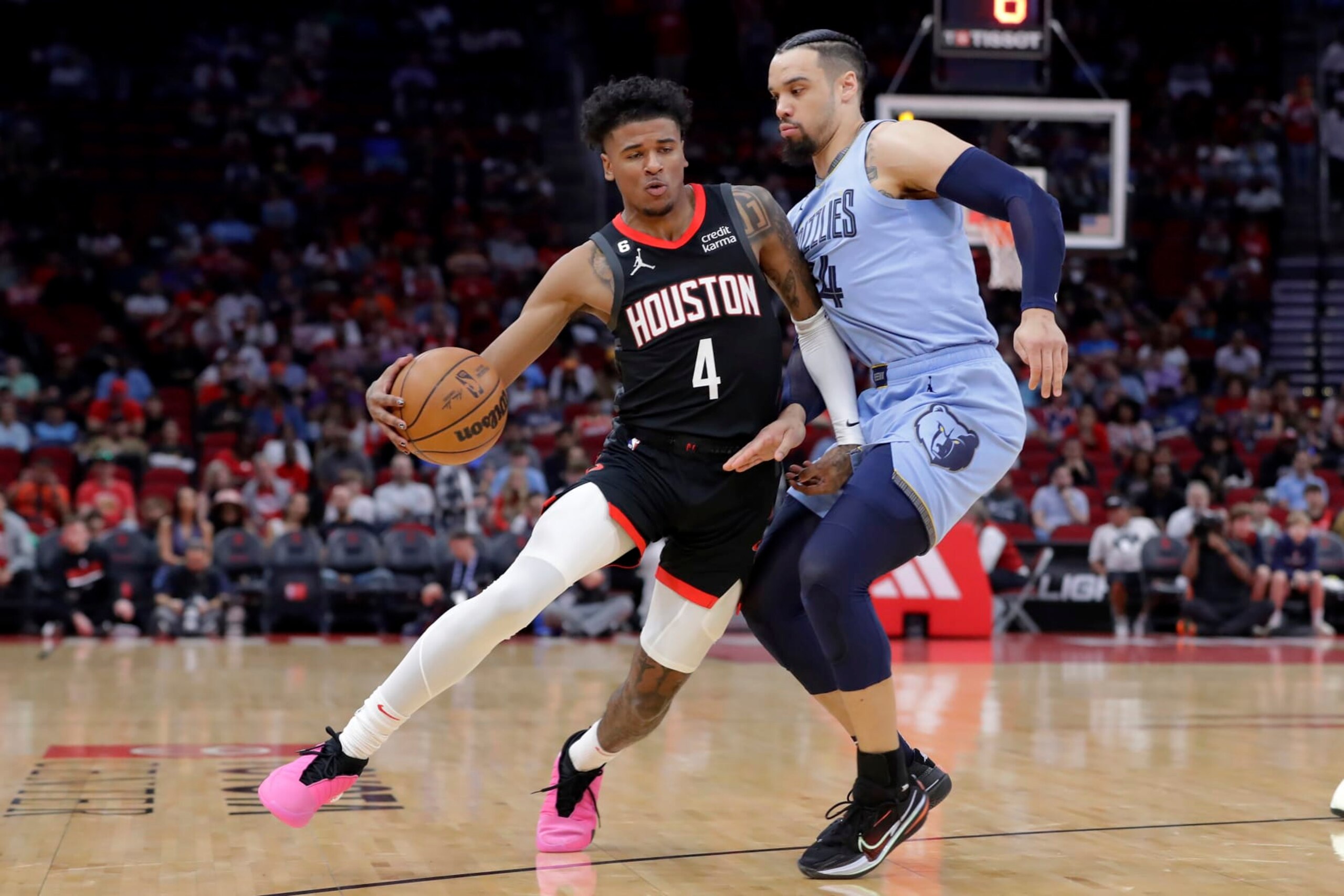 Houston Rockets guard Jalen Green (4) attempts to drive around Memphis Grizzlies forward Dillon Brooks, right, during the first half of an NBA basketball game Wednesday, March 1, 2023, in Houston. (AP Photo/Michael Wyke) Houston Rockets guard Jalen Green (4) attempts to drive around Memphis Grizzlies forward Dillon Brooks, right, during the first half of an NBA basketball game Wednesday, March 1, 2023, in Houston. (AP Photo/Michael Wyke)