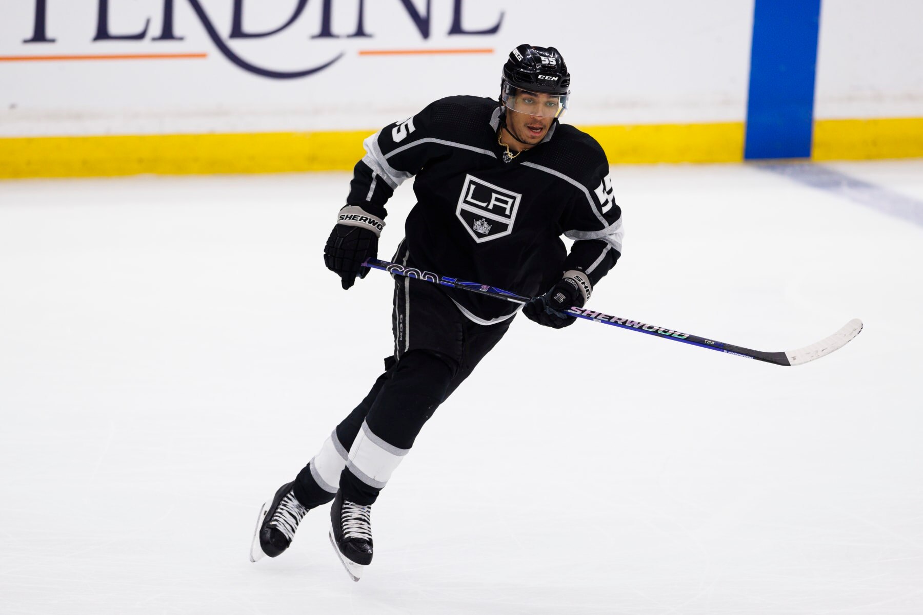 LOS ANGELES, CA - APRIL 29: Los Angeles Kings center Quinton Byfield (55) skates during a NHL Western Conference First Round  hockey game between the Edmonton Oilers and the Los Angeles Kings on April 29, 2023 at Crypto.com Arena in Los Angeles, CA. (Photo by Ric Tapia/Icon Sportswire via Getty Images)