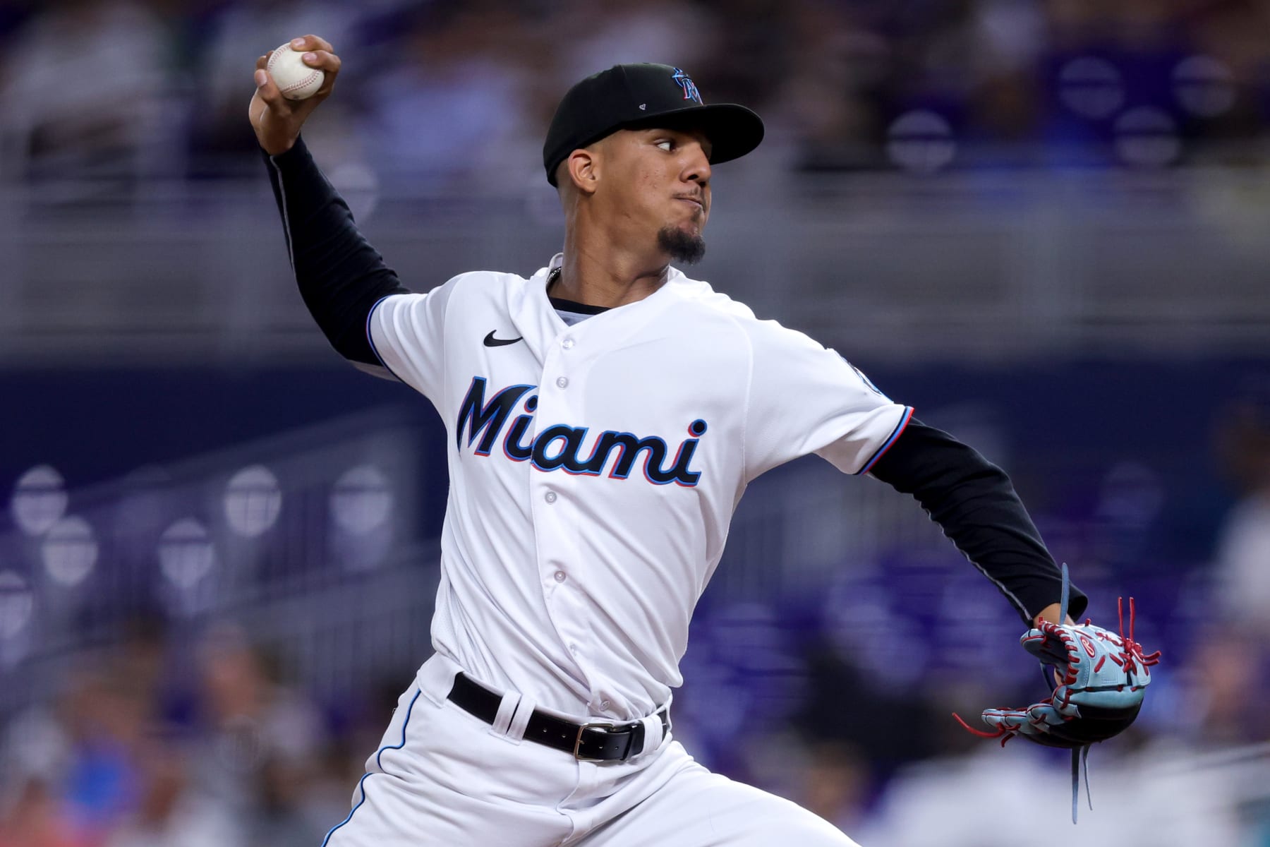 MIAMI, FLORIDA - JUNE 20: Eury Perez #39 of the Miami Marlins delivers a pitch against the Toronto Blue Jays during the sixth inning at loanDepot park on June 20, 2023 in Miami, Florida. (Photo by Megan Briggs/Getty Images)