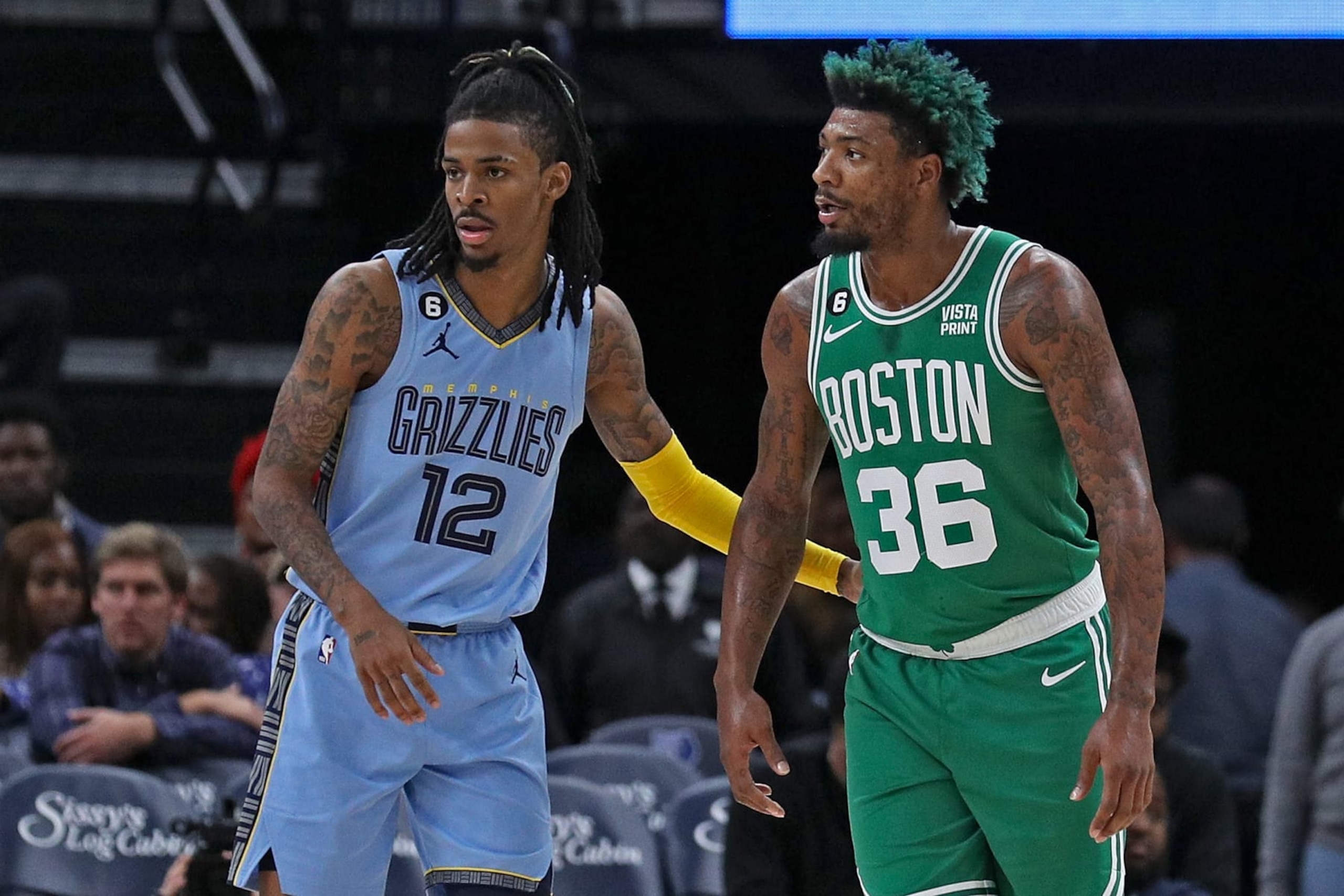 MEMPHIS, TENNESSEE - NOVEMBER 07: Ja Morant #12 of the Memphis Grizzlies and Marcus Smart #36 of the Boston Celtics during the game at FedExForum on November 07, 2022 in Memphis, Tennessee. NOTE TO USER: User expressly acknowledges and agrees that, by downloading and or using this photograph, User is consenting to the terms and conditions of the Getty Images License Agreement. (Photo by Justin Ford/Getty Images) MEMPHIS, TENNESSEE - NOVEMBER 07: Ja Morant #12 of the Memphis Grizzlies and Marcus Smart #36 of the Boston Celtics during the game at FedExForum on November 07, 2022 in Memphis, Tennessee. NOTE TO USER: User expressly acknowledges and agrees that, by downloading and or using this photograph, User is consenting to the terms and conditions of the Getty Images License Agreement. (Photo by Justin Ford/Getty Images)