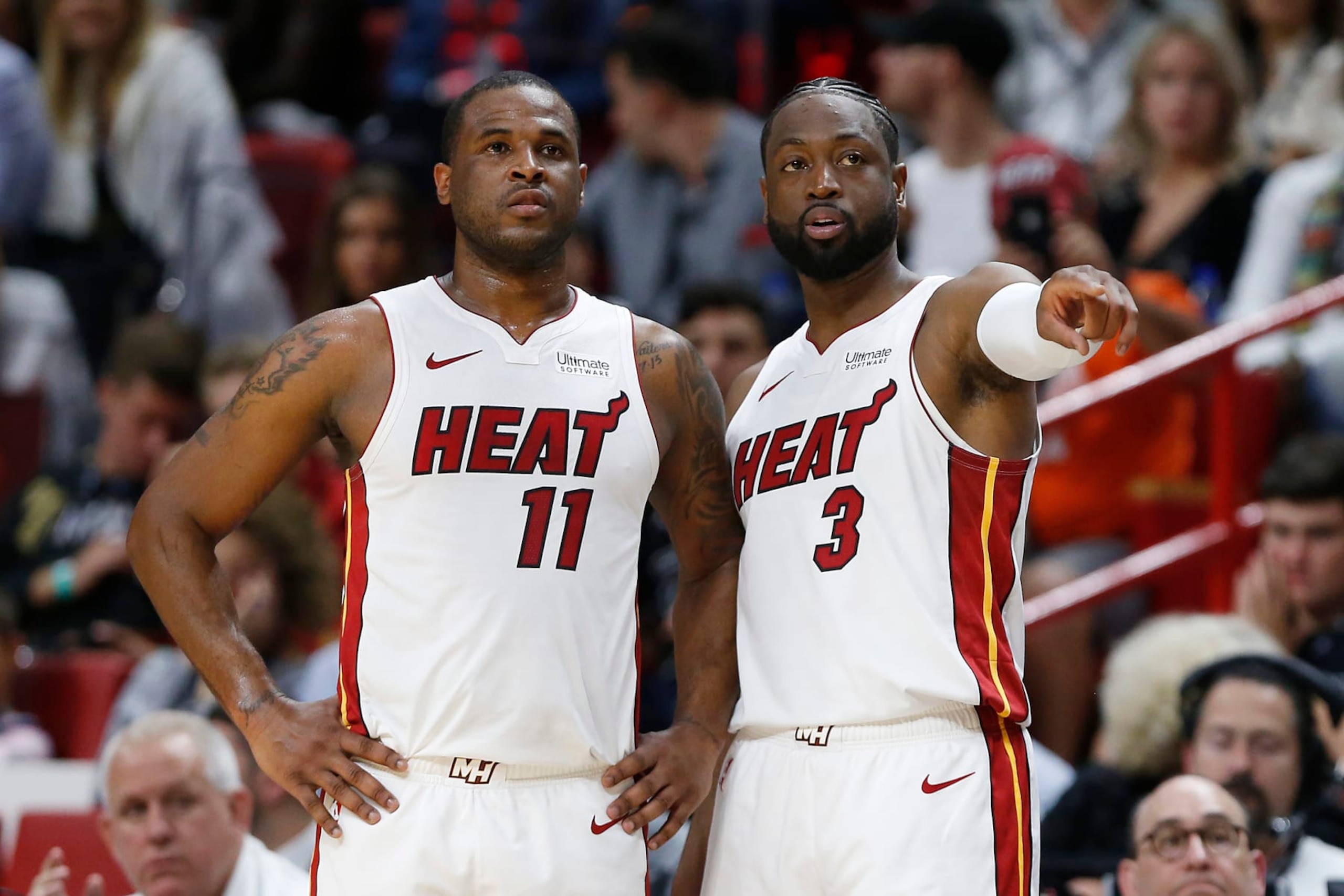 MIAMI, FLORIDA - APRIL 09: Dwyane Wade #3 and Dion Waiters #11 of the Miami Heat during a break in the action against the Philadelphia 76ers during the first half at American Airlines Arena on April 09, 2019 in Miami, Florida. NOTE TO USER: User expressly acknowledges and agrees that, by downloading and or using this photograph, User is consenting to the terms and conditions of the Getty Images License Agreement. (Photo by Michael Reaves/Getty Images) MIAMI, FLORIDA - APRIL 09: Dwyane Wade #3 and Dion Waiters #11 of the Miami Heat during a break in the action against the Philadelphia 76ers during the first half at American Airlines Arena on April 09, 2019 in Miami, Florida. NOTE TO USER: User expressly acknowledges and agrees that, by downloading and or using this photograph, User is consenting to the terms and conditions of the Getty Images License Agreement. (Photo by Michael Reaves/Getty Images)