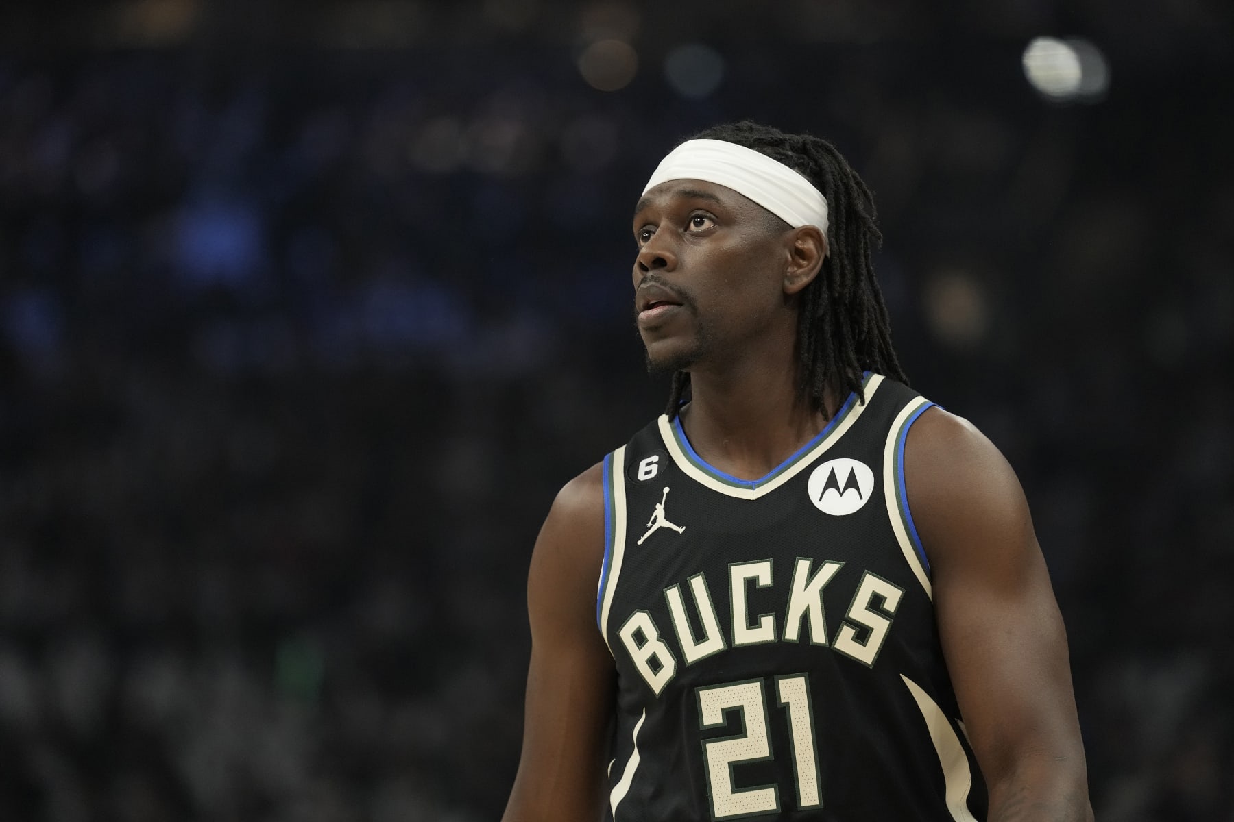 MILWAUKEE, WISCONSIN - APRIL 19: Jrue Holiday #21 of the Milwaukee Bucks looks on against the Miami Heat during the first half of Game Two of the Eastern Conference First Round Playoffs at Fiserv Forum on April 19, 2023 in Milwaukee, Wisconsin. NOTE TO USER: User expressly acknowledges and agrees that, by downloading and or using this photograph, user is consenting to the terms and conditions of the Getty Images License Agreement. (Photo by Patrick McDermott/Getty Images)