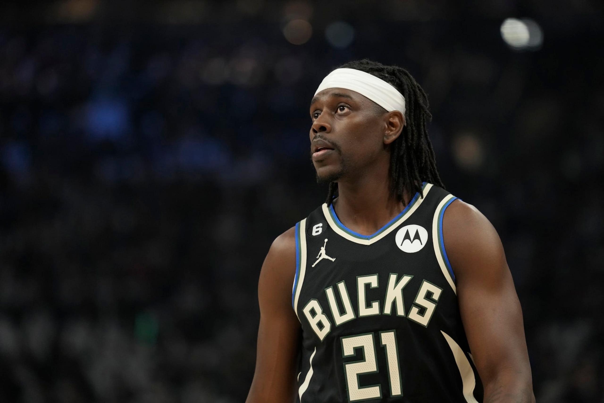 MILWAUKEE, WISCONSIN - APRIL 19: Jrue Holiday #21 of the Milwaukee Bucks looks on against the Miami Heat during the first half of Game Two of the Eastern Conference First Round Playoffs at Fiserv Forum on April 19, 2023 in Milwaukee, Wisconsin. NOTE TO USER: User expressly acknowledges and agrees that, by downloading and or using this photograph, user is consenting to the terms and conditions of the Getty Images License Agreement. (Photo by Patrick McDermott/Getty Images) MILWAUKEE, WISCONSIN - APRIL 19: Jrue Holiday #21 of the Milwaukee Bucks looks on against the Miami Heat during the first half of Game Two of the Eastern Conference First Round Playoffs at Fiserv Forum on April 19, 2023 in Milwaukee, Wisconsin. NOTE TO USER: User expressly acknowledges and agrees that, by downloading and or using this photograph, user is consenting to the terms and conditions of the Getty Images License Agreement. (Photo by Patrick McDermott/Getty Images)