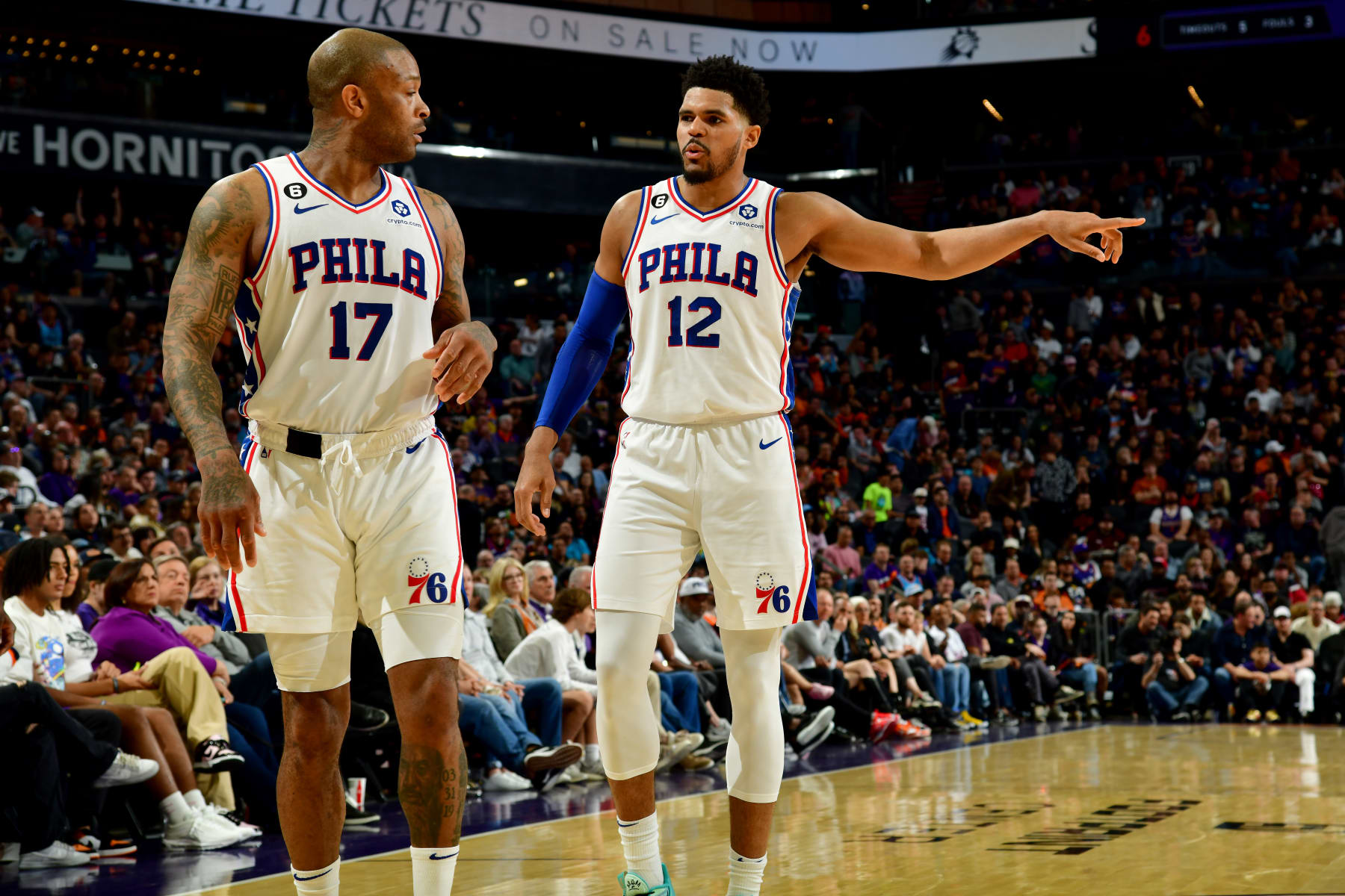 PHOENIX, AZ - MARCH 25: P.J. Tucker#17 and Tobias Harris #12 of the Philadelphia 76ers talk during the game against the Phoenix Suns on March 25, 2023 at Footprint Center in Phoenix, Arizona. NOTE TO USER: User expressly acknowledges and agrees that, by downloading and or using this photograph, user is consenting to the terms and conditions of the Getty Images License Agreement. Mandatory Copyright Notice: Copyright 2023 NBAE (Photo by Kate Frese/NBAE via Getty Images)