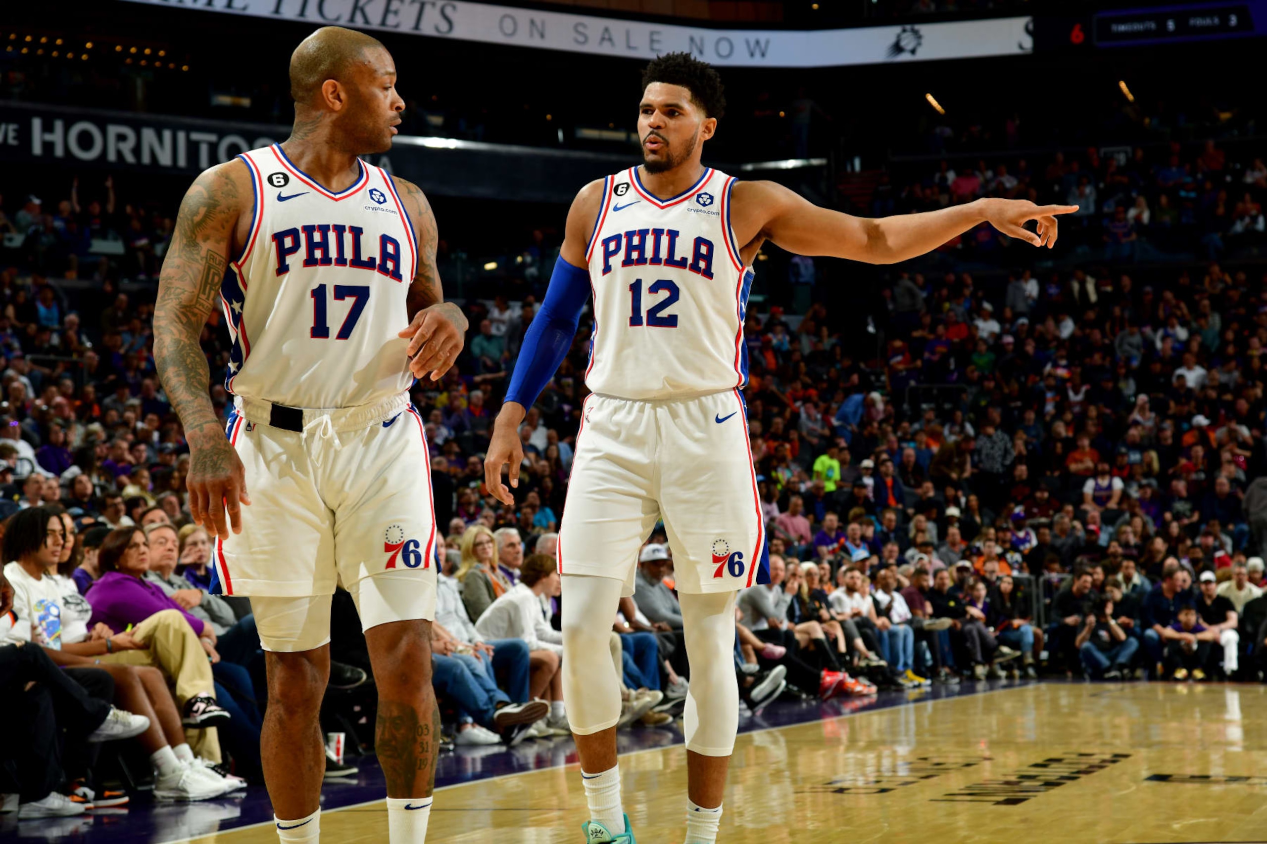 PHOENIX, AZ - MARCH 25: P.J. Tucker#17 and Tobias Harris #12 of the Philadelphia 76ers talk during the game against the Phoenix Suns on March 25, 2023 at Footprint Center in Phoenix, Arizona. NOTE TO USER: User expressly acknowledges and agrees that, by downloading and or using this photograph, user is consenting to the terms and conditions of the Getty Images License Agreement. Mandatory Copyright Notice: Copyright 2023 NBAE (Photo by Kate Frese/NBAE via Getty Images) PHOENIX, AZ - MARCH 25: P.J. Tucker#17 and Tobias Harris #12 of the Philadelphia 76ers talk during the game against the Phoenix Suns on March 25, 2023 at Footprint Center in Phoenix, Arizona. NOTE TO USER: User expressly acknowledges and agrees that, by downloading and or using this photograph, user is consenting to the terms and conditions of the Getty Images License Agreement. Mandatory Copyright Notice: Copyright 2023 NBAE (Photo by Kate Frese/NBAE via Getty Images)