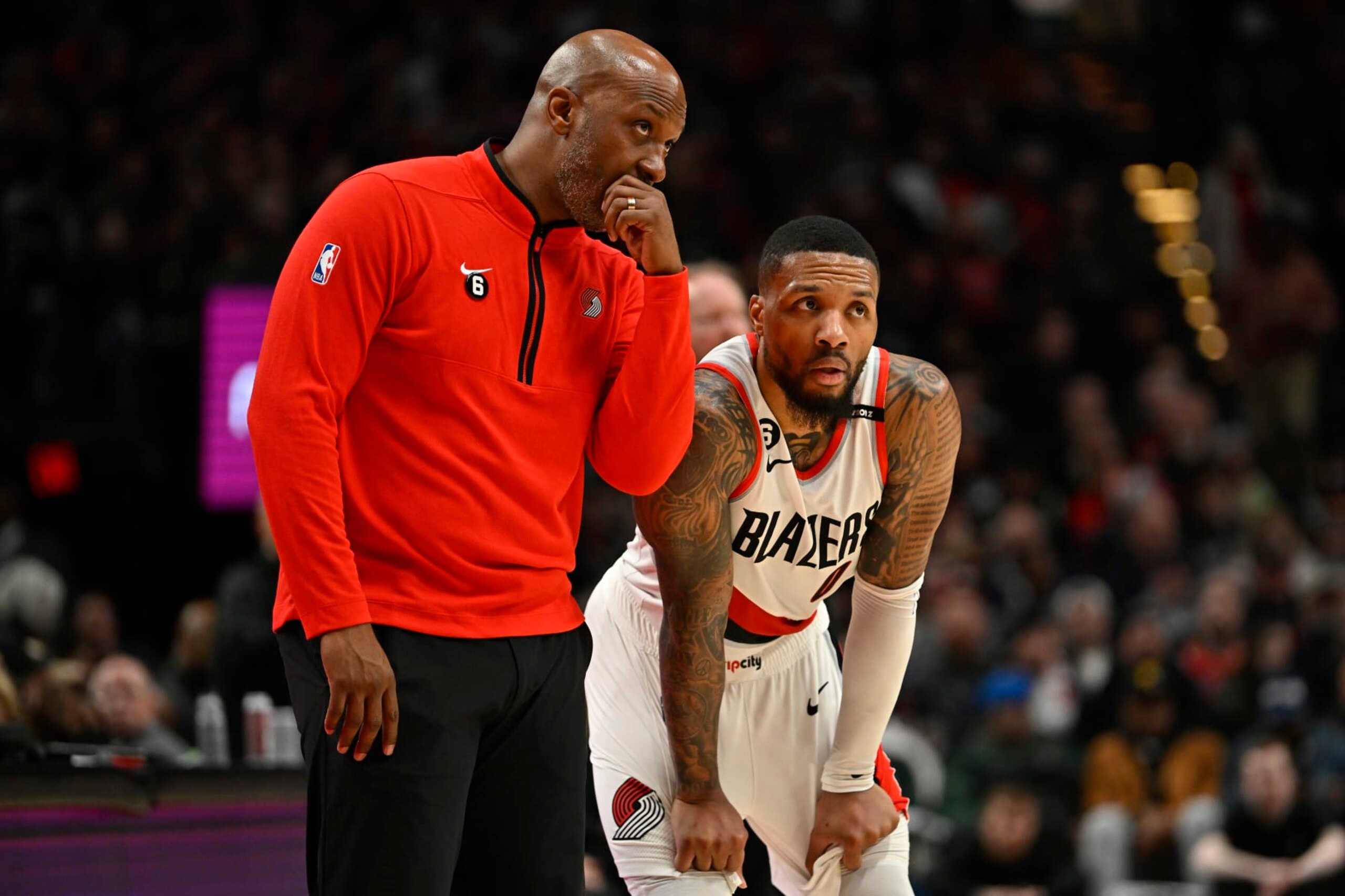 PORTLAND, OREGON - FEBRUARY 06: Head coach Chauncey Billups and Damian Lillard #0 of the Portland Trail Blazers talk during the third quarter against the Milwaukee Bucks at the Moda Center on February 06, 2023 in Portland, Oregon. The Milwaukee Bucks won 127-108. NOTE TO USER: User expressly acknowledges and agrees that, by downloading and or using this photograph, User is consenting to the terms and conditions of the Getty Images License Agreement. (Photo by Alika Jenner/Getty Images) PORTLAND, OREGON - FEBRUARY 06: Head coach Chauncey Billups and Damian Lillard #0 of the Portland Trail Blazers talk during the third quarter against the Milwaukee Bucks at the Moda Center on February 06, 2023 in Portland, Oregon. The Milwaukee Bucks won 127-108. NOTE TO USER: User expressly acknowledges and agrees that, by downloading and or using this photograph, User is consenting to the terms and conditions of the Getty Images License Agreement. (Photo by Alika Jenner/Getty Images)
